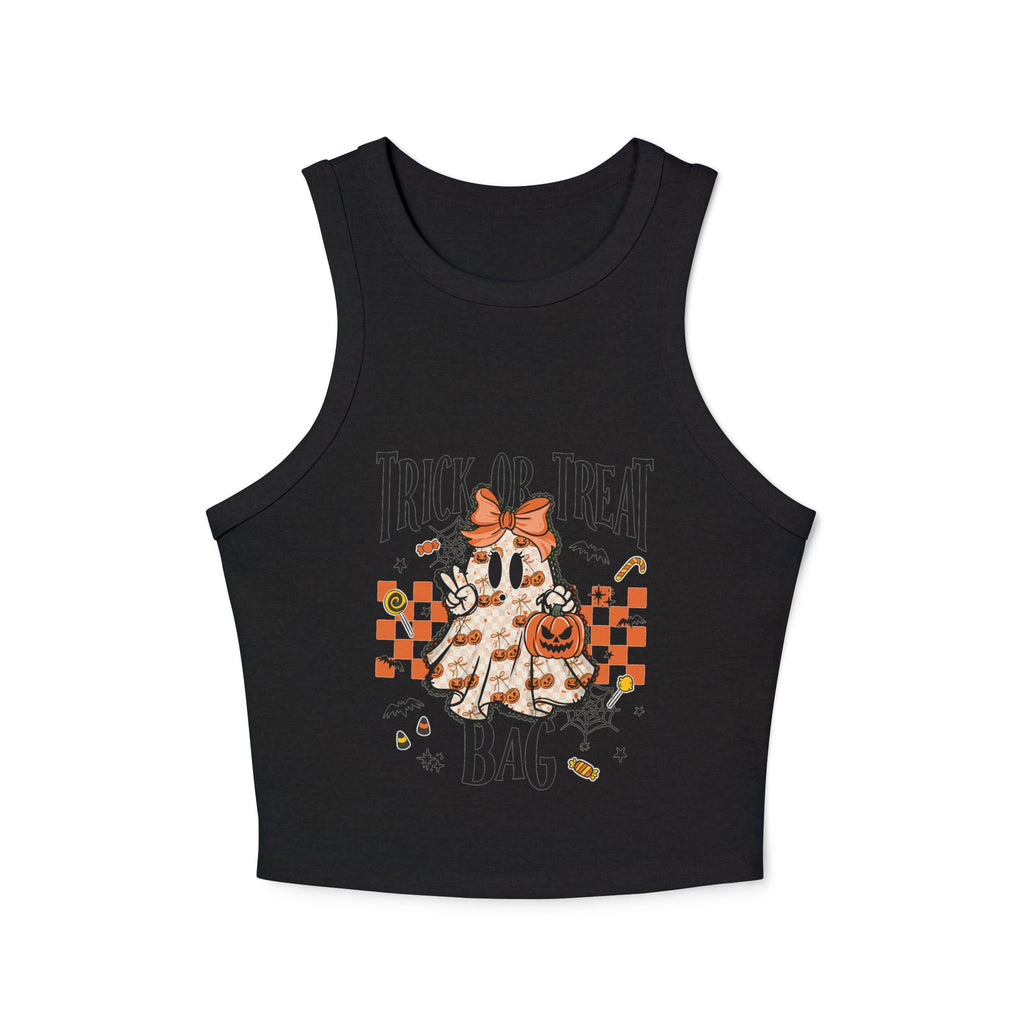 Trick or Treat Ghost Tank Top, Cute Halloween Pumpkin Design, Spooky Season Candy Graphic Top, Fall Aesthetic Halloween Shirt