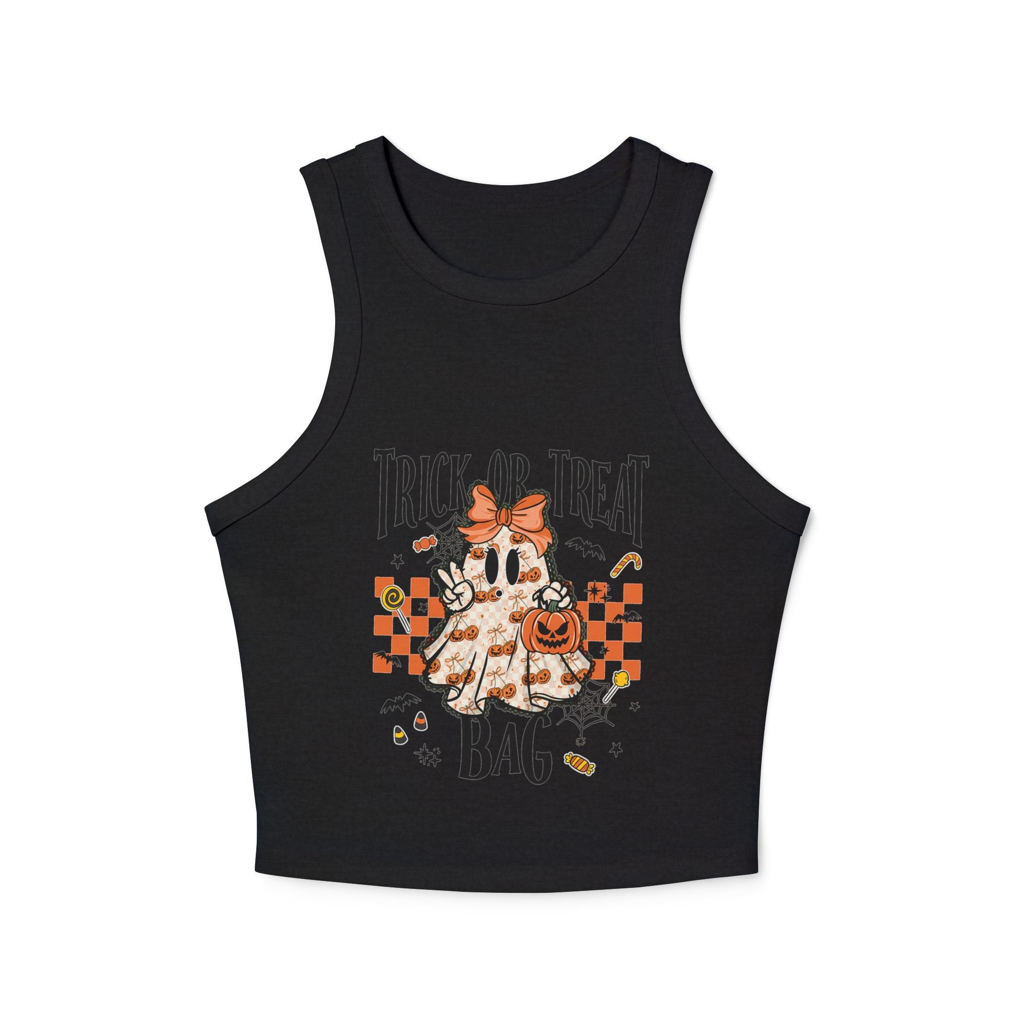 Trick or Treat Ghost Tank Top, Cute Halloween Pumpkin Design, Spooky Season Candy Graphic Top, Fall Aesthetic Halloween Shirt