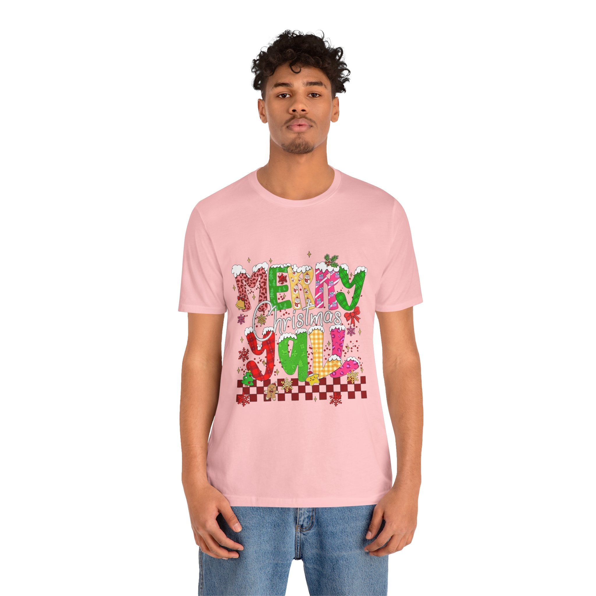 Merry Christmas Y’all Shirt, Colorful Christmas T-Shirt, Retro Holiday Tee, Cute Festive Graphic Tee for Women