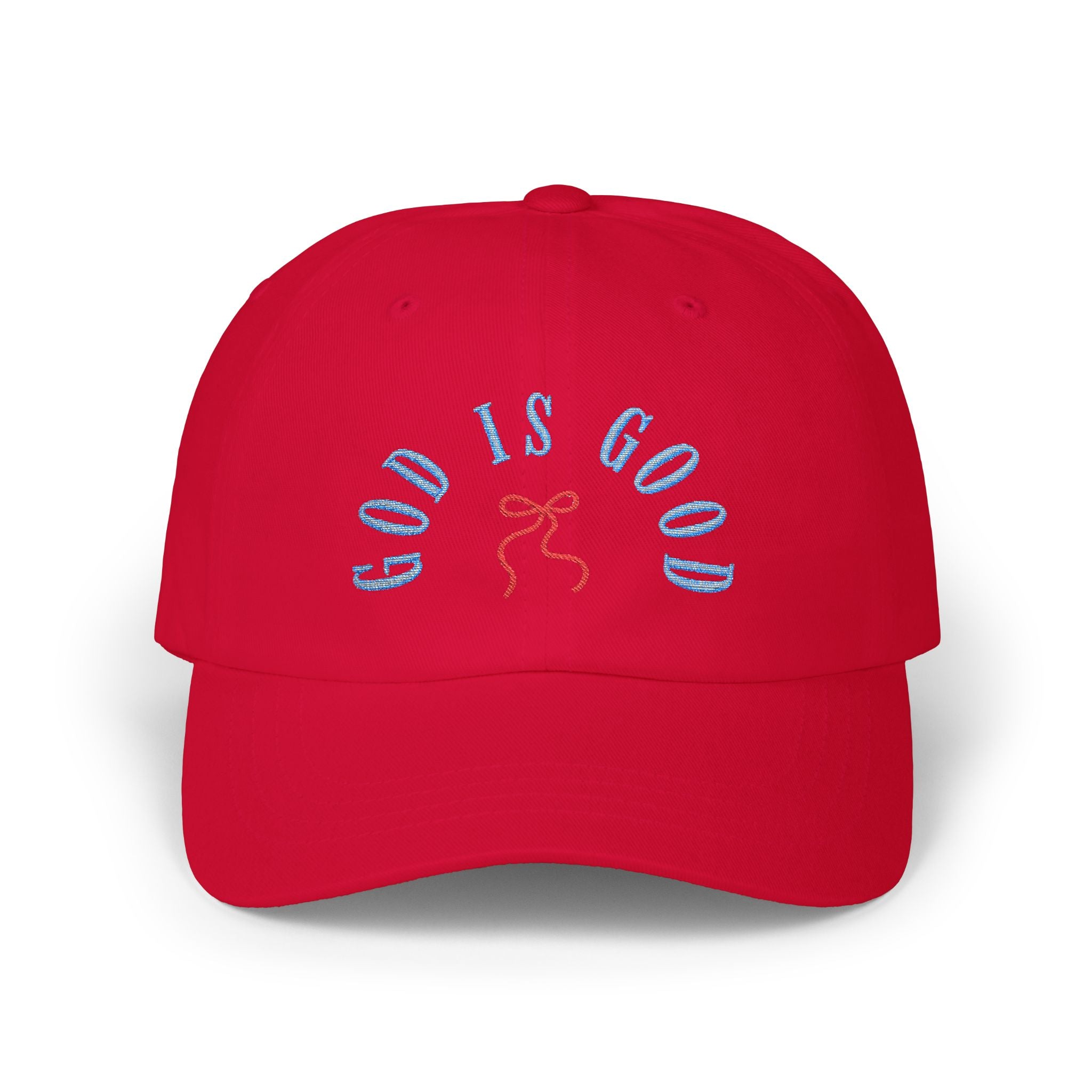 God Is Good Embroidered Hat, Christian Faith Baseball Cap, Blue Letter Red Bow Stitch Design, Religious Quote Dad Hat, Spiritual Gift