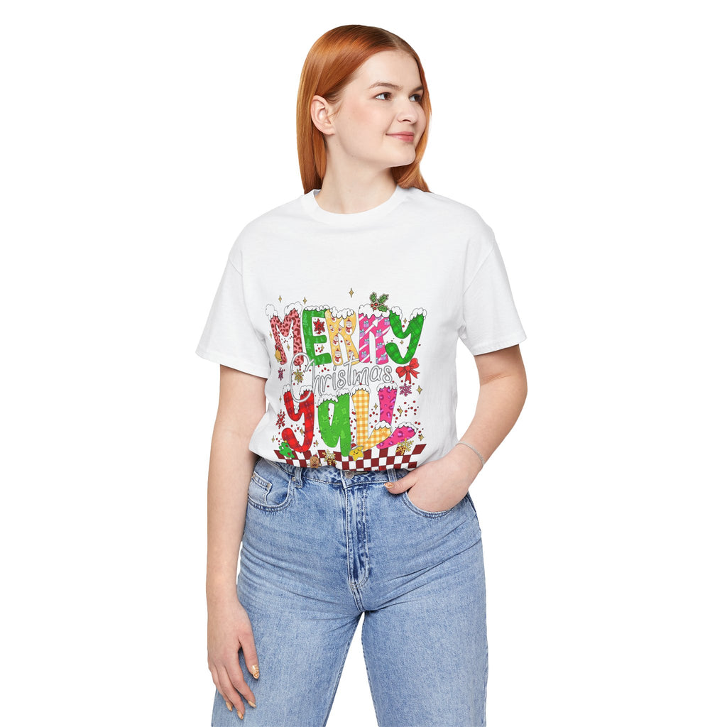 Merry Christmas Y’all Shirt, Colorful Christmas T-Shirt, Retro Holiday Tee, Cute Festive Graphic Tee for Women