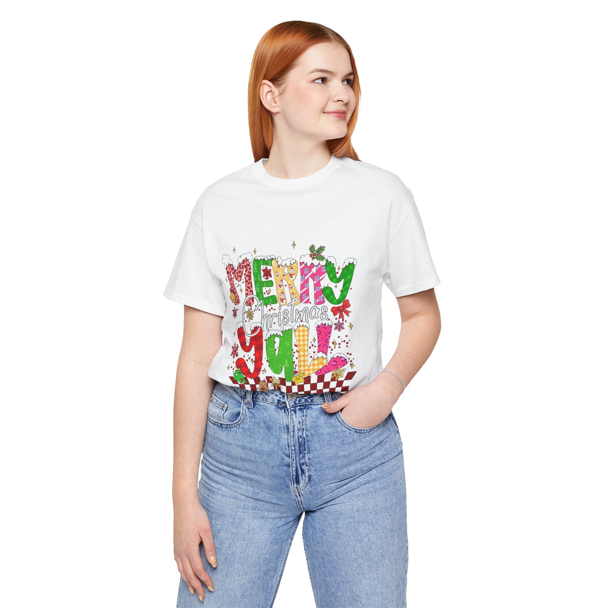 Merry Christmas Y’all Shirt, Colorful Christmas T-Shirt, Retro Holiday Tee, Cute Festive Graphic Tee for Women