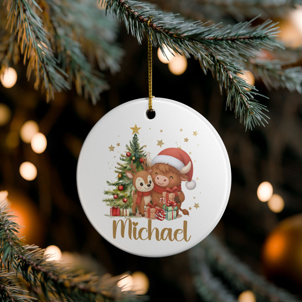 Personalized Christmas Ornament, Cute Highland Cow and Reindeer Design, Custom Name Holiday Gift, Kids Christmas Decoration
