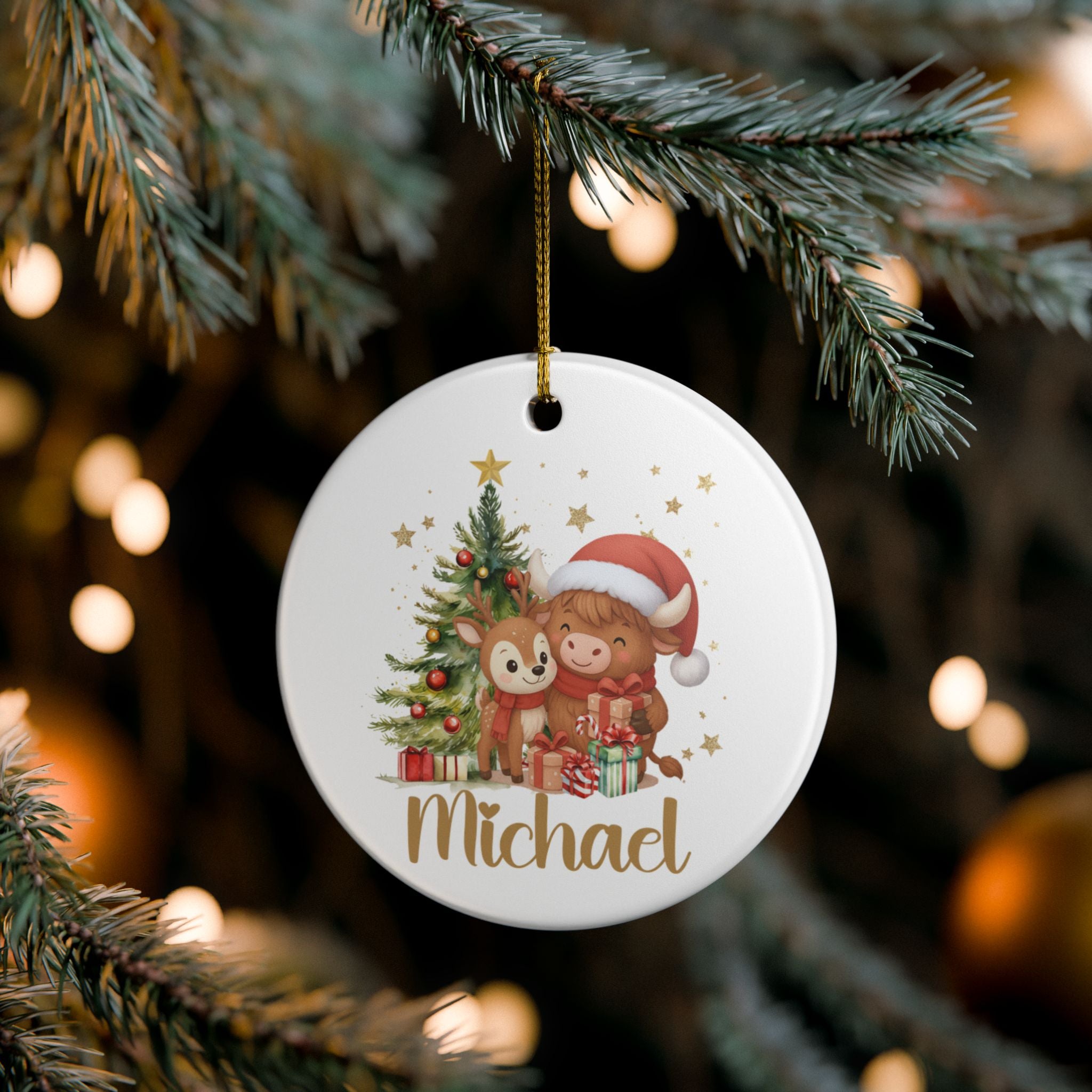 Personalized Christmas Ornament, Cute Highland Cow and Reindeer Design, Custom Name Holiday Gift, Kids Christmas Decoration