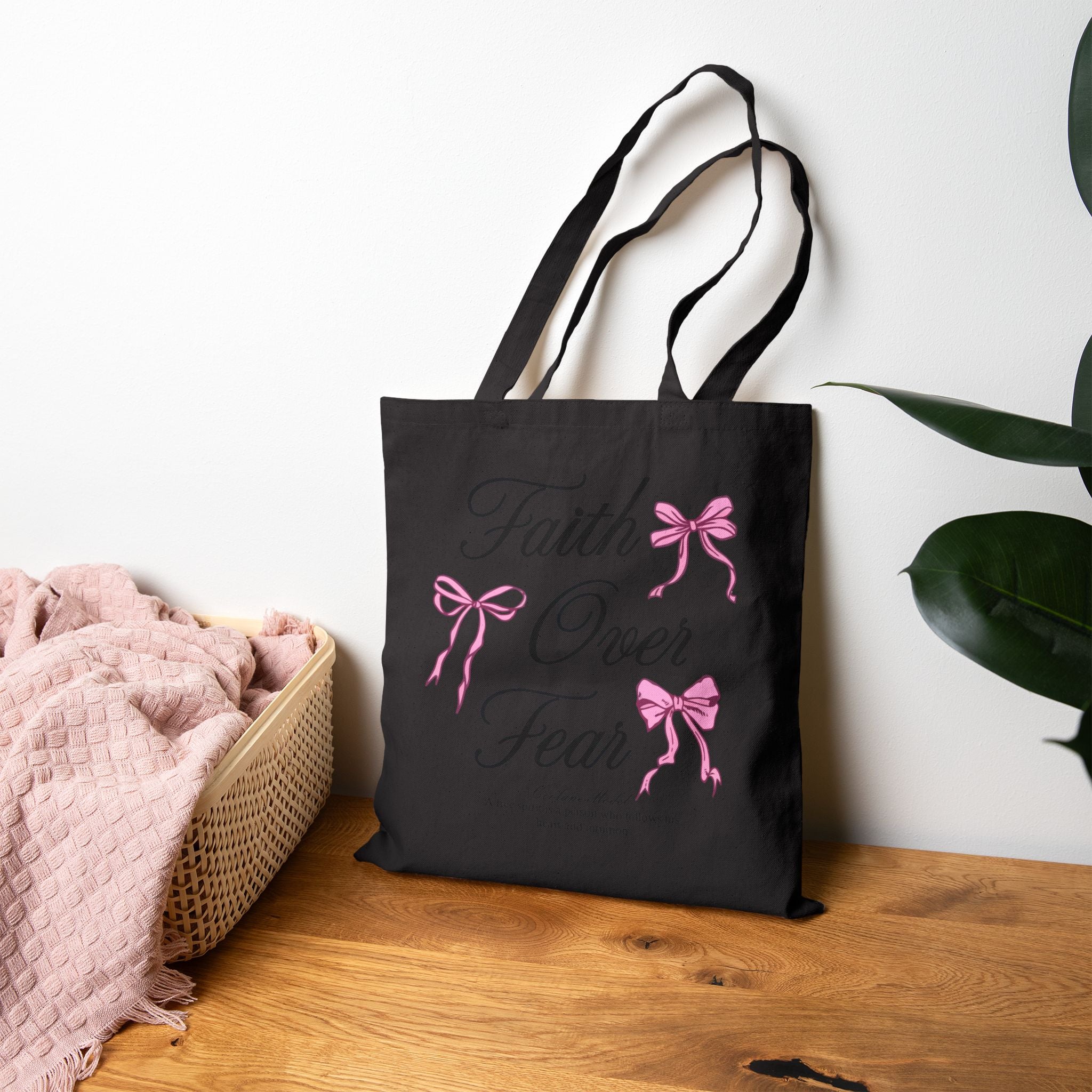 Faith Over Fear Tote Bag, Pink Bow Christian Quote Bag, Bible Verse Inspirational Tote, Coquette Aesthetic Faith Gift for Women