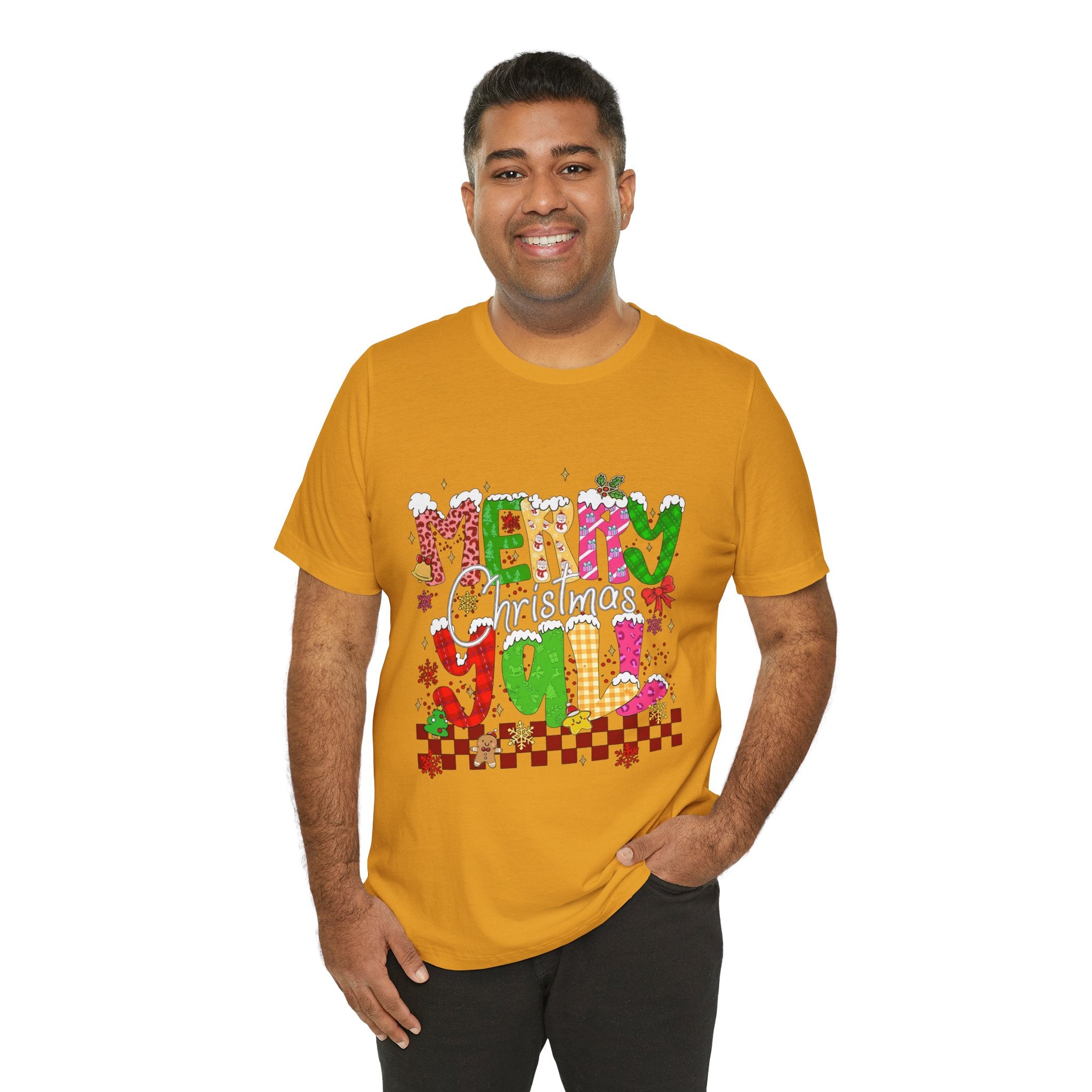 Merry Christmas Y’all Shirt, Colorful Christmas T-Shirt, Retro Holiday Tee, Cute Festive Graphic Tee for Women