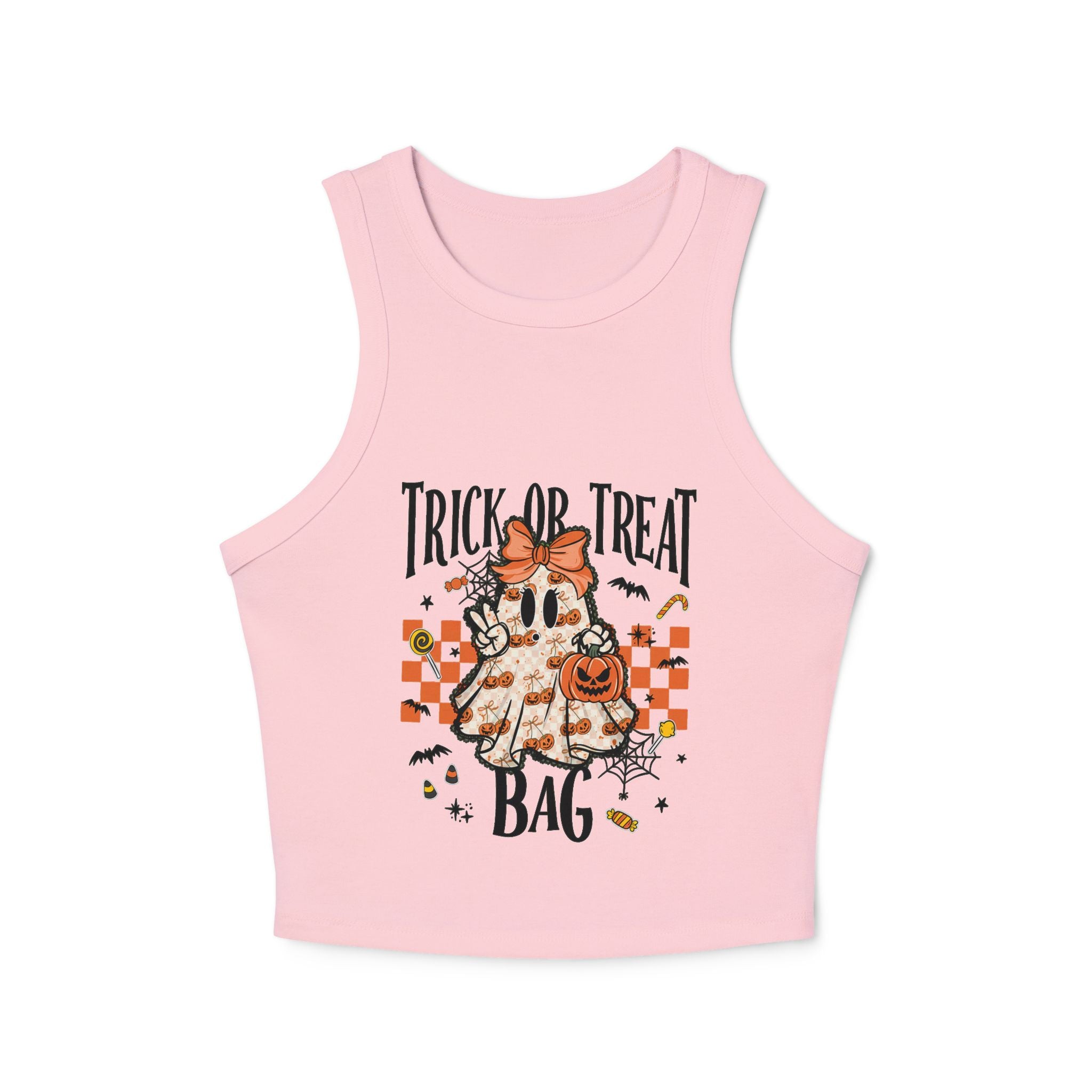 Trick or Treat Ghost Tank Top, Cute Halloween Pumpkin Design, Spooky Season Candy Graphic Top, Fall Aesthetic Halloween Shirt