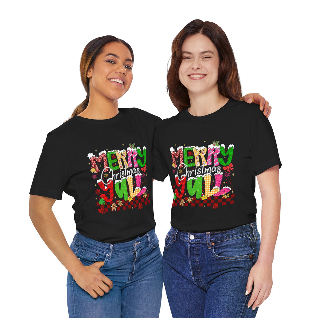 Merry Christmas Y’all Shirt, Colorful Christmas T-Shirt, Retro Holiday Tee, Cute Festive Graphic Tee for Women