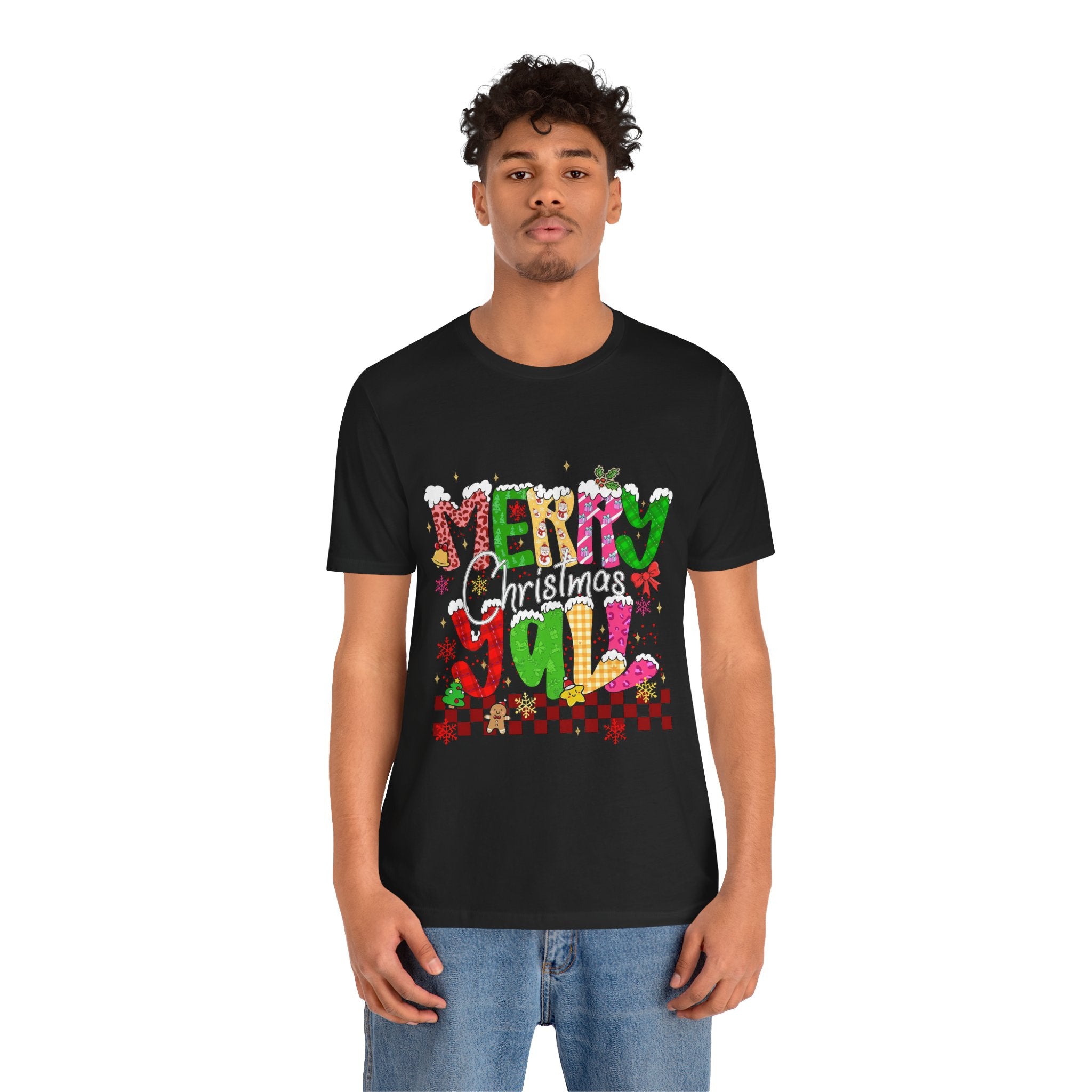 Merry Christmas Y’all Shirt, Colorful Christmas T-Shirt, Retro Holiday Tee, Cute Festive Graphic Tee for Women