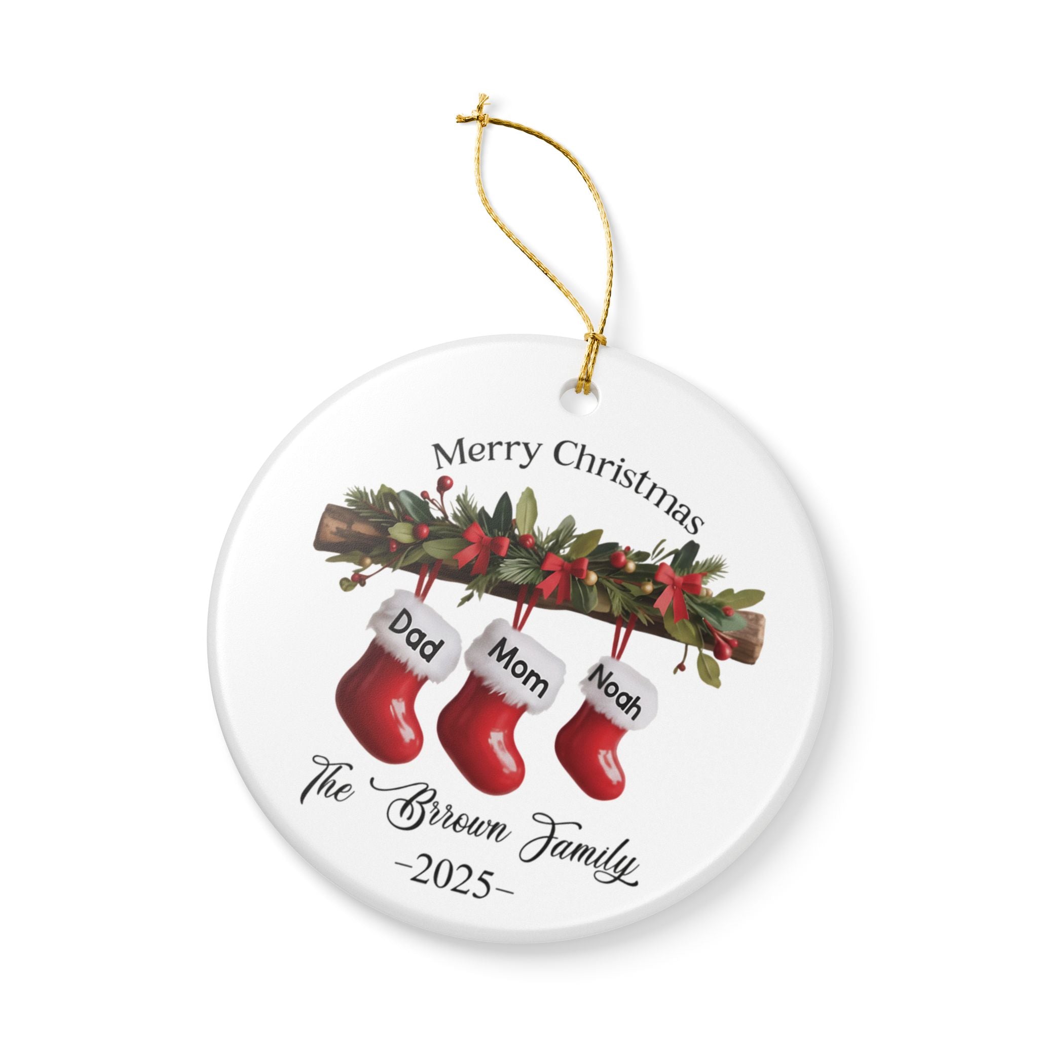 Personalized Family of Three Ceramic Christmas Ornament 2025, Custom New Family Ornament, Baby's First Christmas Ornament
