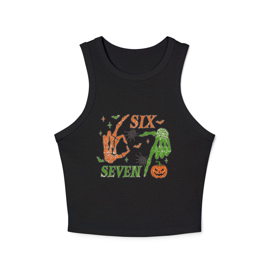 Halloween Six Seven Tank Top, Skeleton Hand Spooky Design, Pumpkin and Spider Web Graphic Tee, Funny Halloween Party Shirt, Trendy Tee