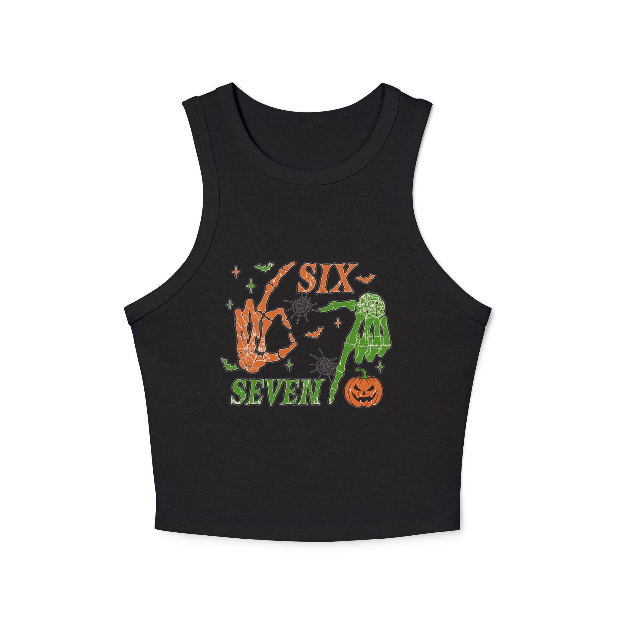 Halloween Six Seven Tank Top, Skeleton Hand Spooky Design, Pumpkin and Spider Web Graphic Tee, Funny Halloween Party Shirt, Trendy Tee