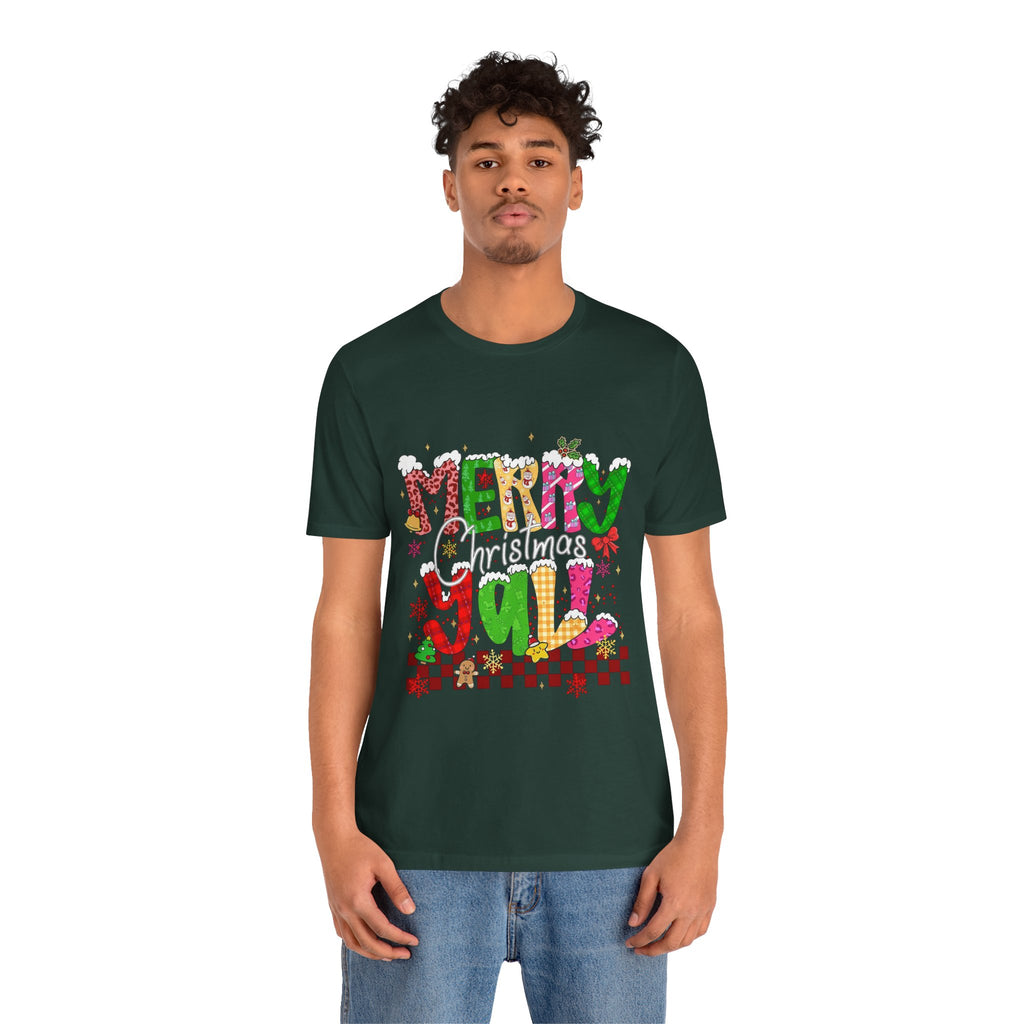 Merry Christmas Y’all Shirt, Colorful Christmas T-Shirt, Retro Holiday Tee, Cute Festive Graphic Tee for Women