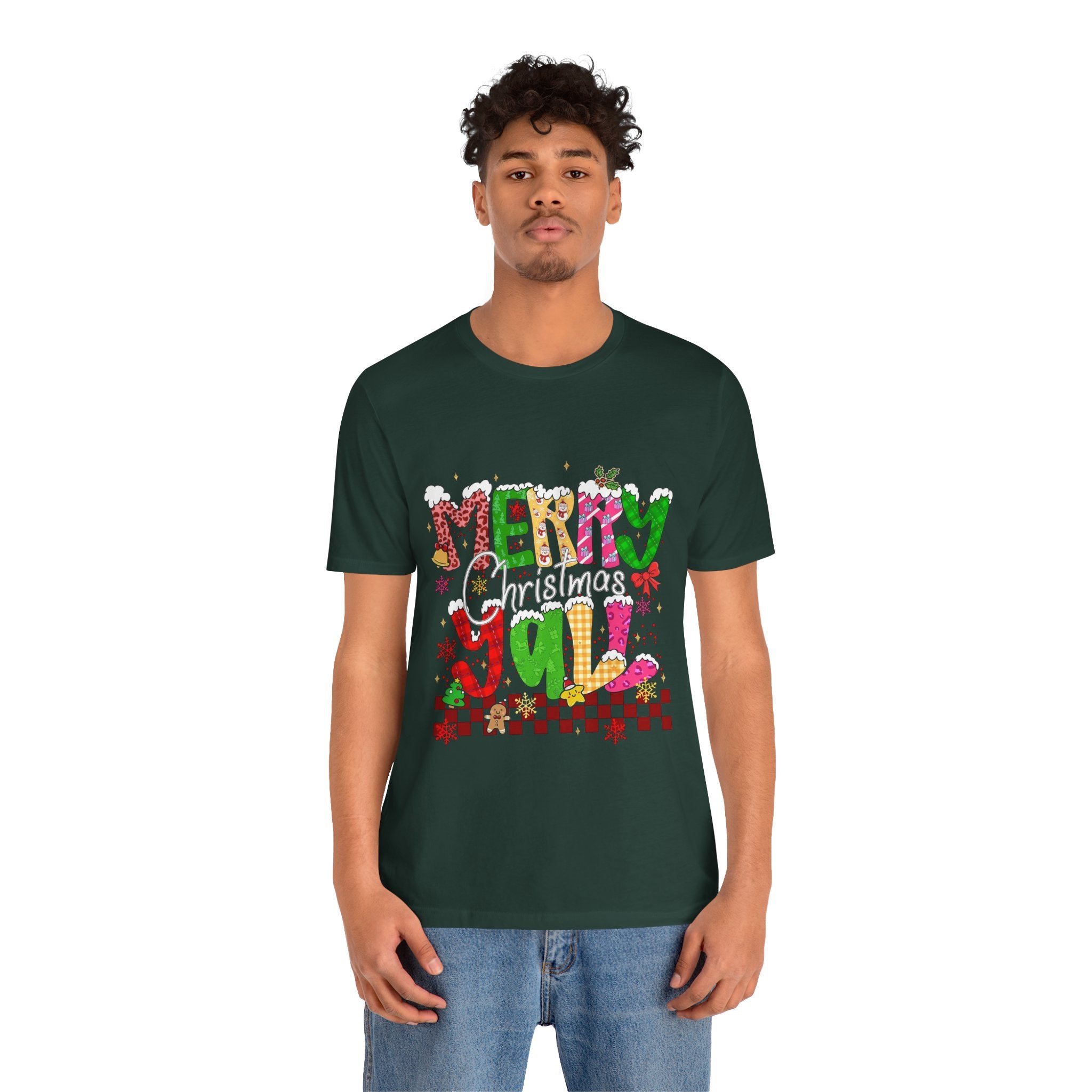 Merry Christmas Y’all Shirt, Colorful Christmas T-Shirt, Retro Holiday Tee, Cute Festive Graphic Tee for Women