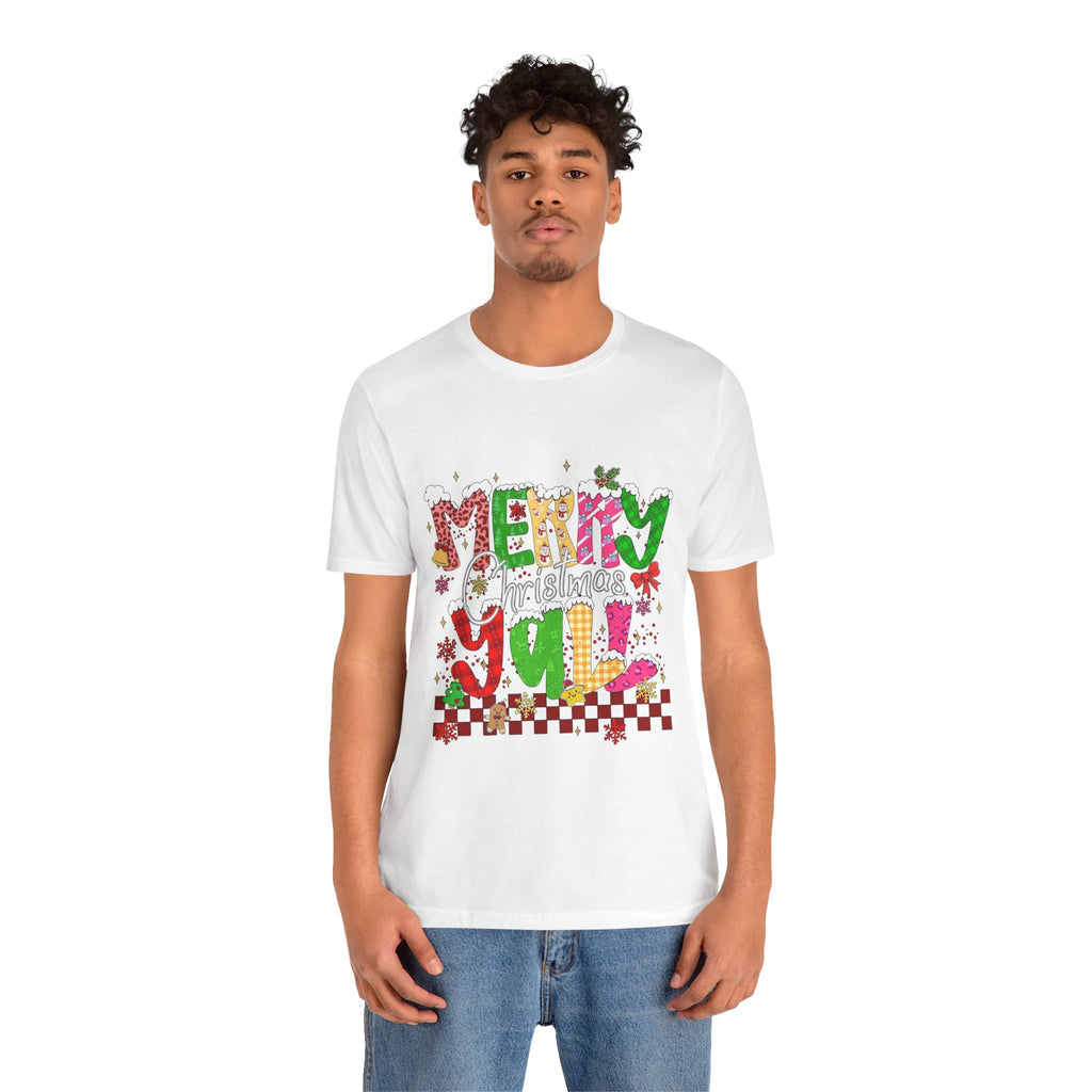 Merry Christmas Y’all Shirt, Colorful Christmas T-Shirt, Retro Holiday Tee, Cute Festive Graphic Tee for Women