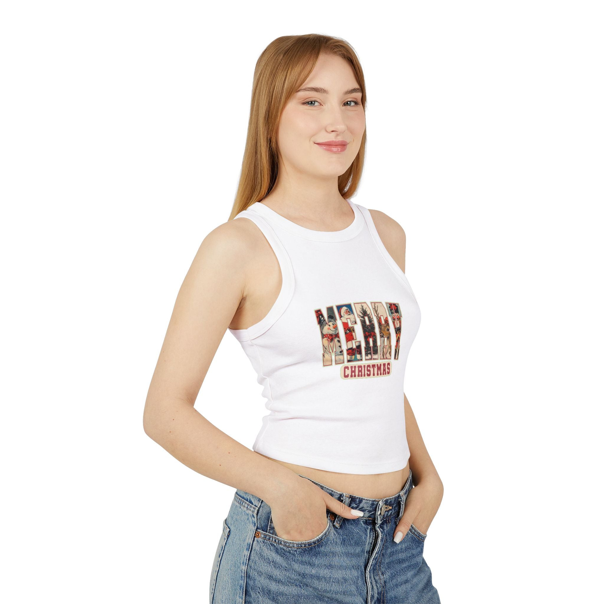 Merry Christmas Tank Top, Vintage Holiday Letter Design, Retro Santa Reindeer and Snowman Graphic Tee, Festive Christmas Gift Shirt
