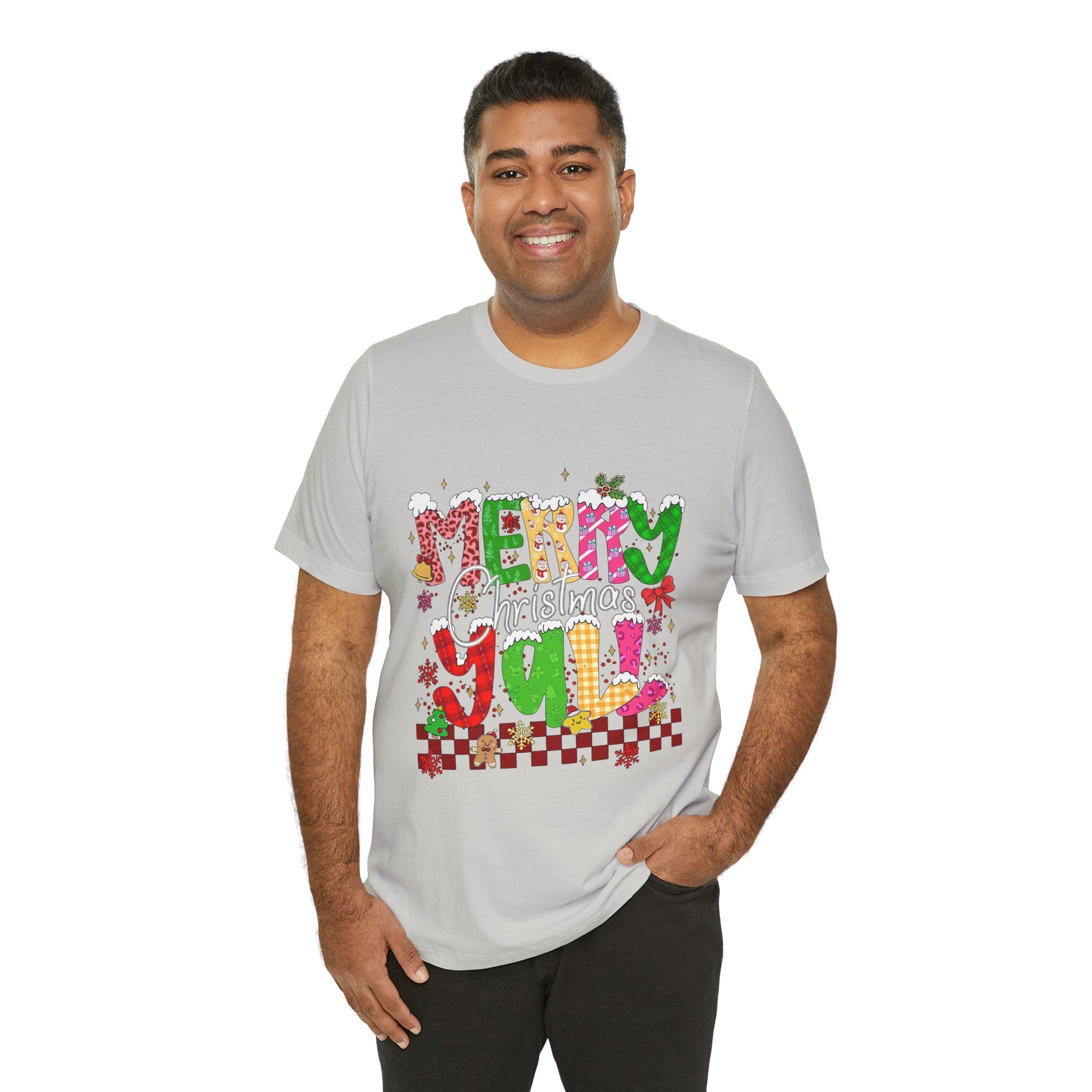 Merry Christmas Y’all Shirt, Colorful Christmas T-Shirt, Retro Holiday Tee, Cute Festive Graphic Tee for Women