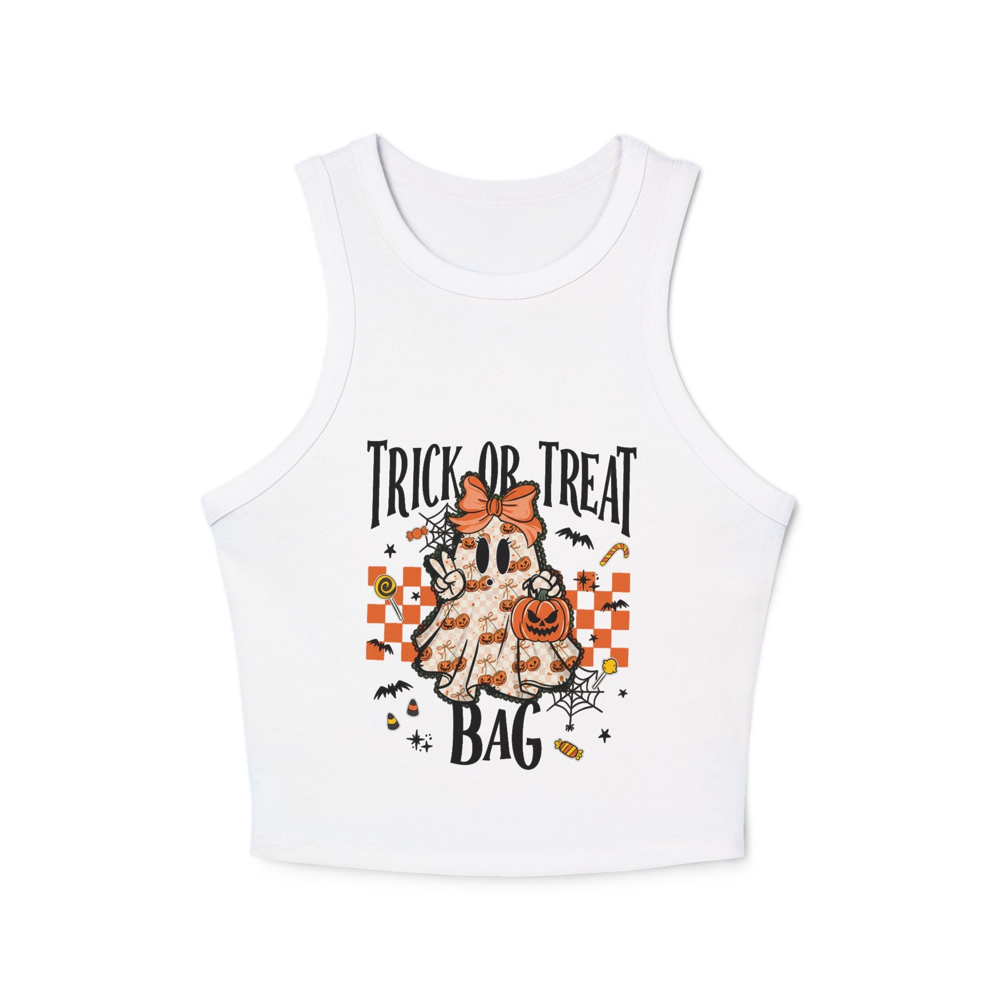 Trick or Treat Ghost Tank Top, Cute Halloween Pumpkin Design, Spooky Season Candy Graphic Top, Fall Aesthetic Halloween Shirt