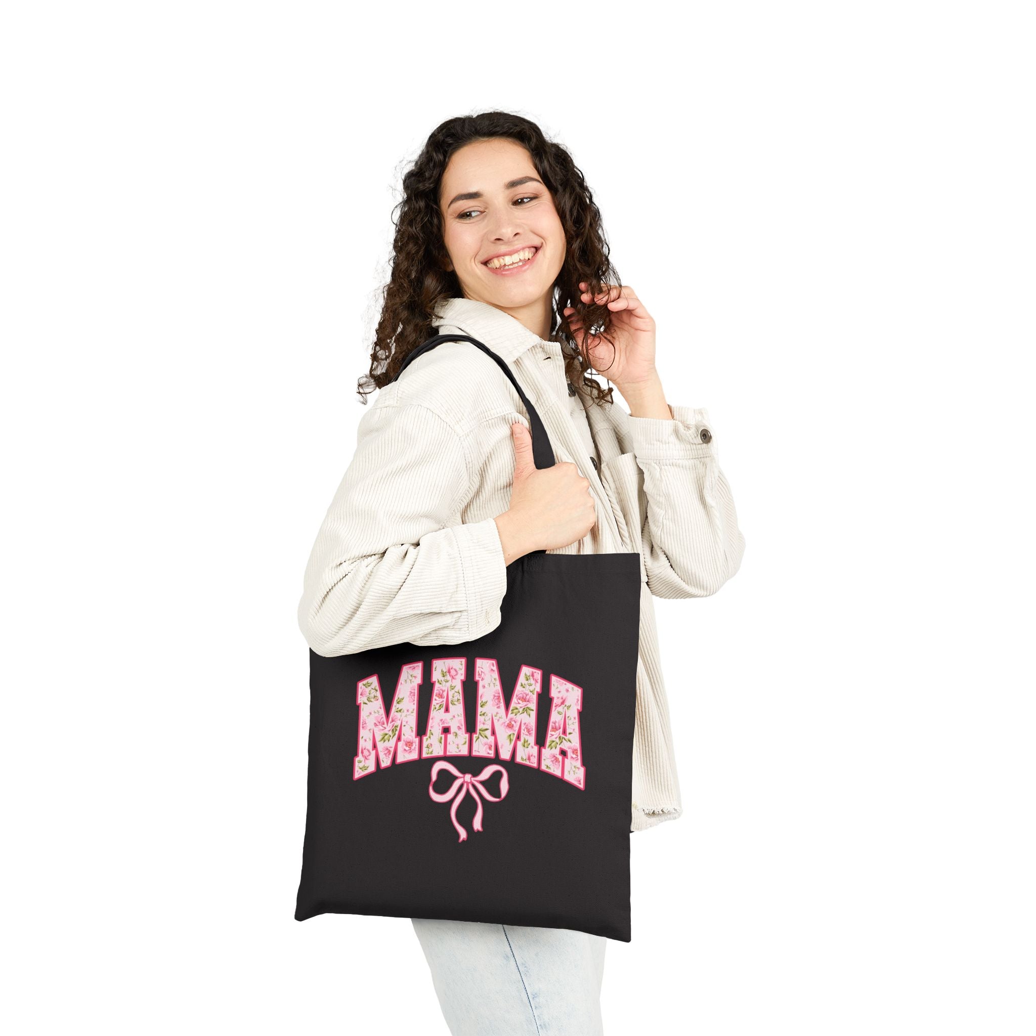 Floral MAMA Tote Bag, Pink Bow and Rose Print Design, Mother’s Day Gift Bag, Vintage Flower Mom Tote, Aesthetic Mama Carryall