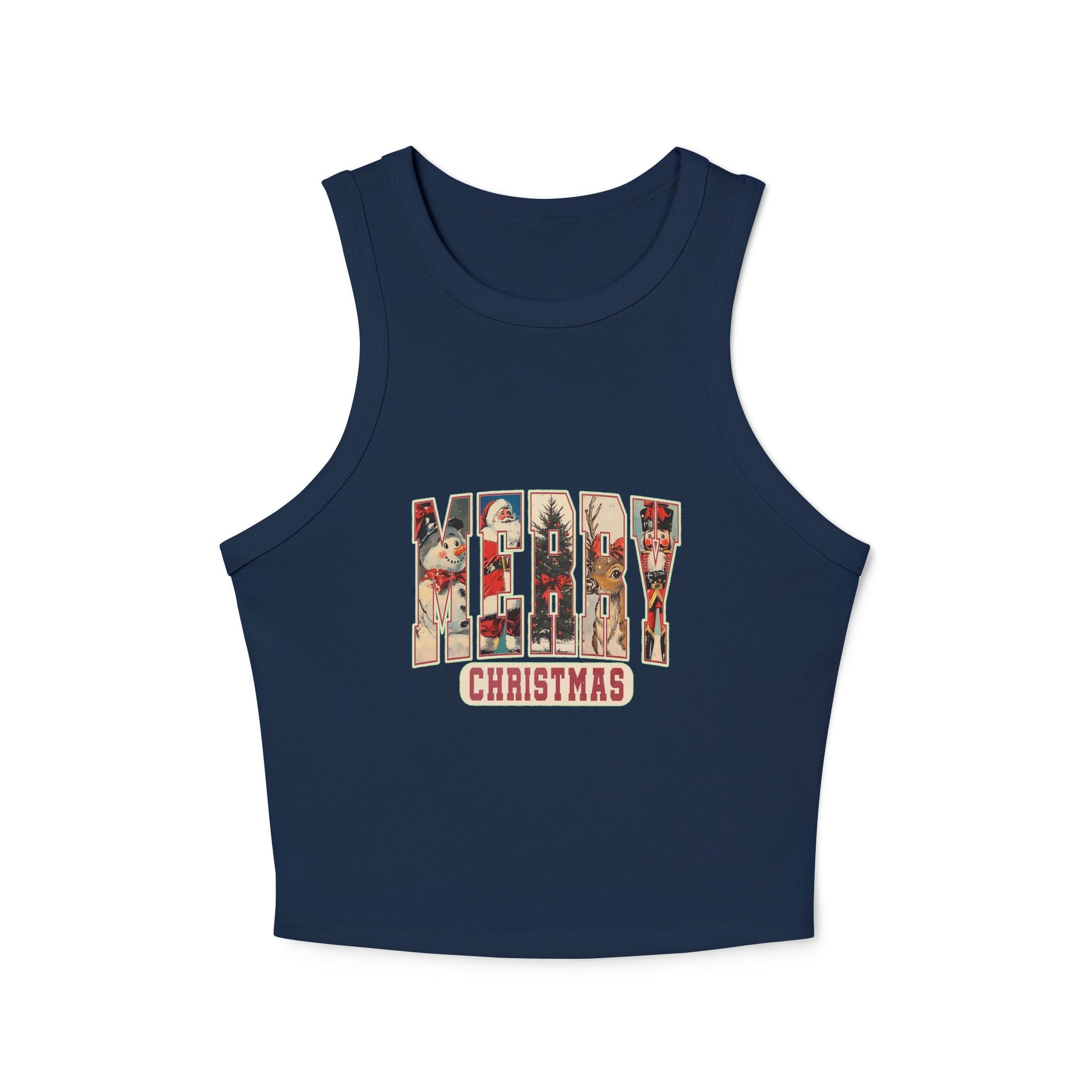 Merry Christmas Tank Top, Vintage Holiday Letter Design, Retro Santa Reindeer and Snowman Graphic Tee, Festive Christmas Gift Shirt