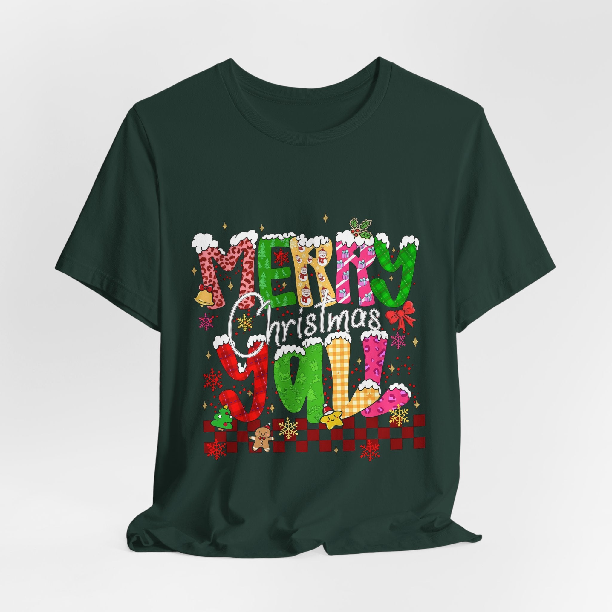 Merry Christmas Y’all Shirt, Colorful Christmas T-Shirt, Retro Holiday Tee, Cute Festive Graphic Tee for Women