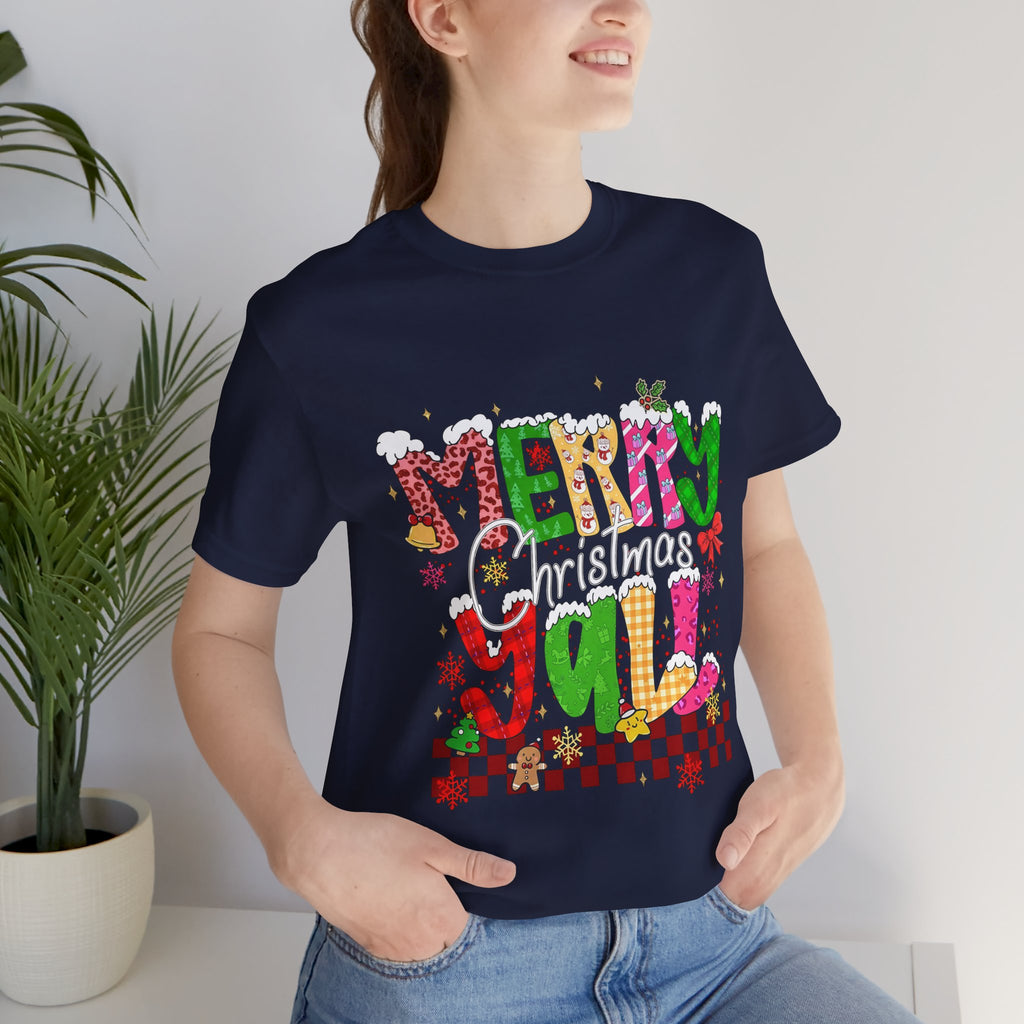 Merry Christmas Y’all Shirt, Colorful Christmas T-Shirt, Retro Holiday Tee, Cute Festive Graphic Tee for Women