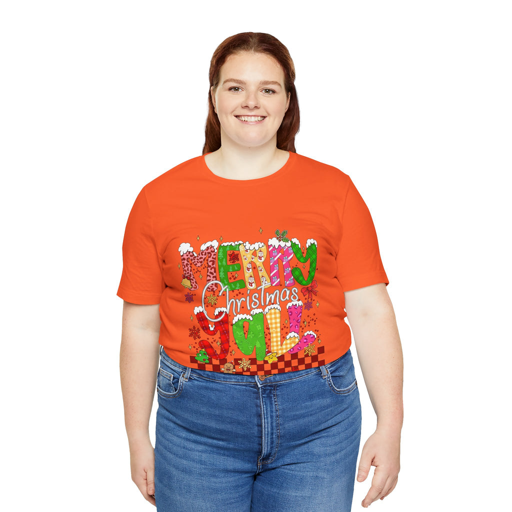 Merry Christmas Y’all Shirt, Colorful Christmas T-Shirt, Retro Holiday Tee, Cute Festive Graphic Tee for Women