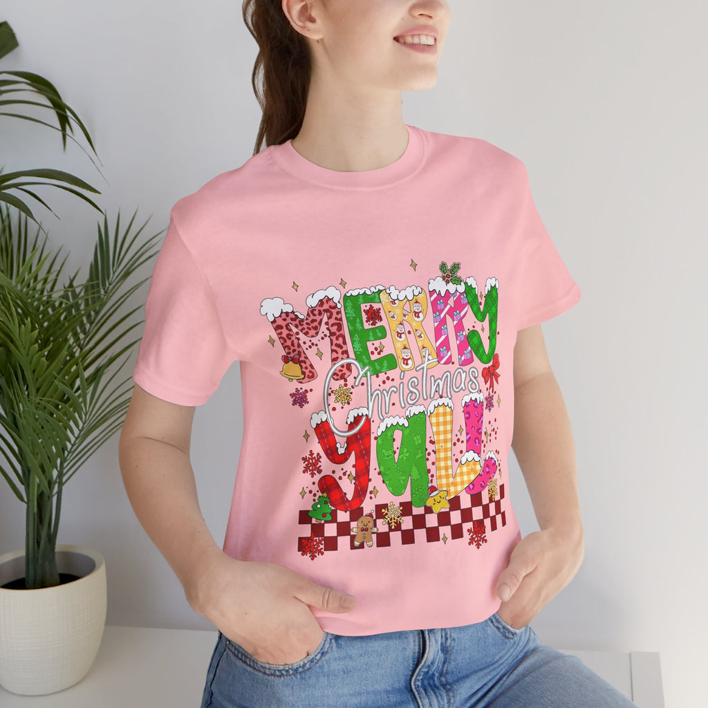 Merry Christmas Y’all Shirt, Colorful Christmas T-Shirt, Retro Holiday Tee, Cute Festive Graphic Tee for Women