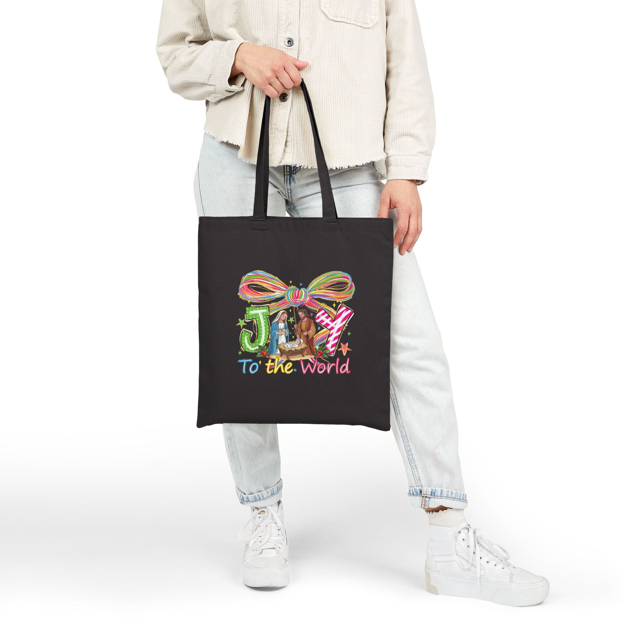 Joy to the World Christmas Tote Bag, Nativity Scene with Mary Joseph and Baby Jesus, Religious Holiday Gift Bag, Christian Tote
