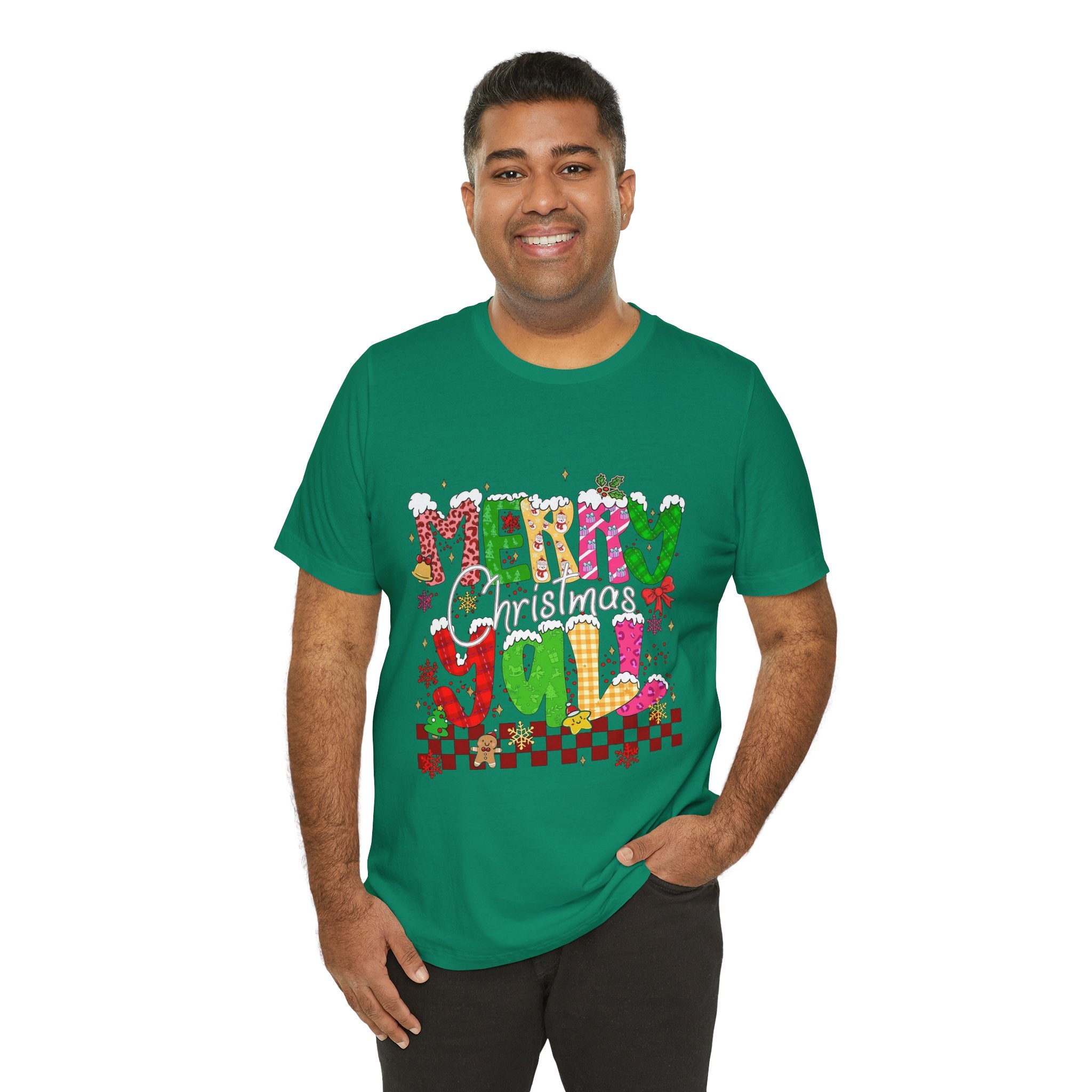 Merry Christmas Y’all Shirt, Colorful Christmas T-Shirt, Retro Holiday Tee, Cute Festive Graphic Tee for Women
