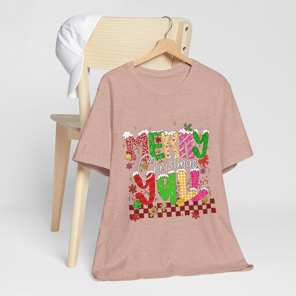 Merry Christmas Y’all Shirt, Colorful Christmas T-Shirt, Retro Holiday Tee, Cute Festive Graphic Tee for Women