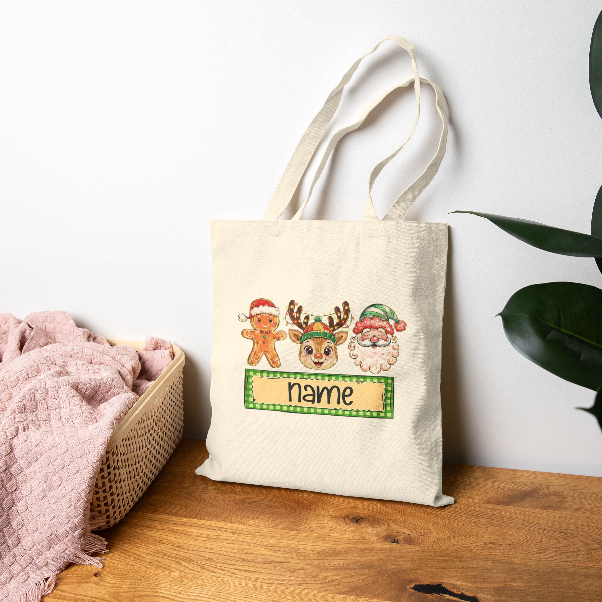 Personalized Christmas Tote Bag, Custom Name Holiday Bag with Santa, Reindeer & Gingerbread Design, Kids Christmas Gift Tote