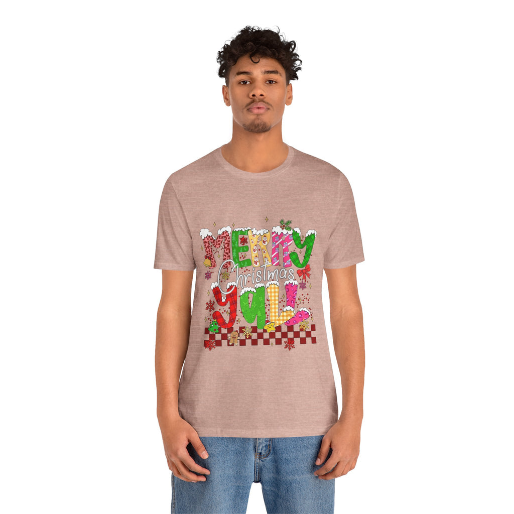 Merry Christmas Y’all Shirt, Colorful Christmas T-Shirt, Retro Holiday Tee, Cute Festive Graphic Tee for Women