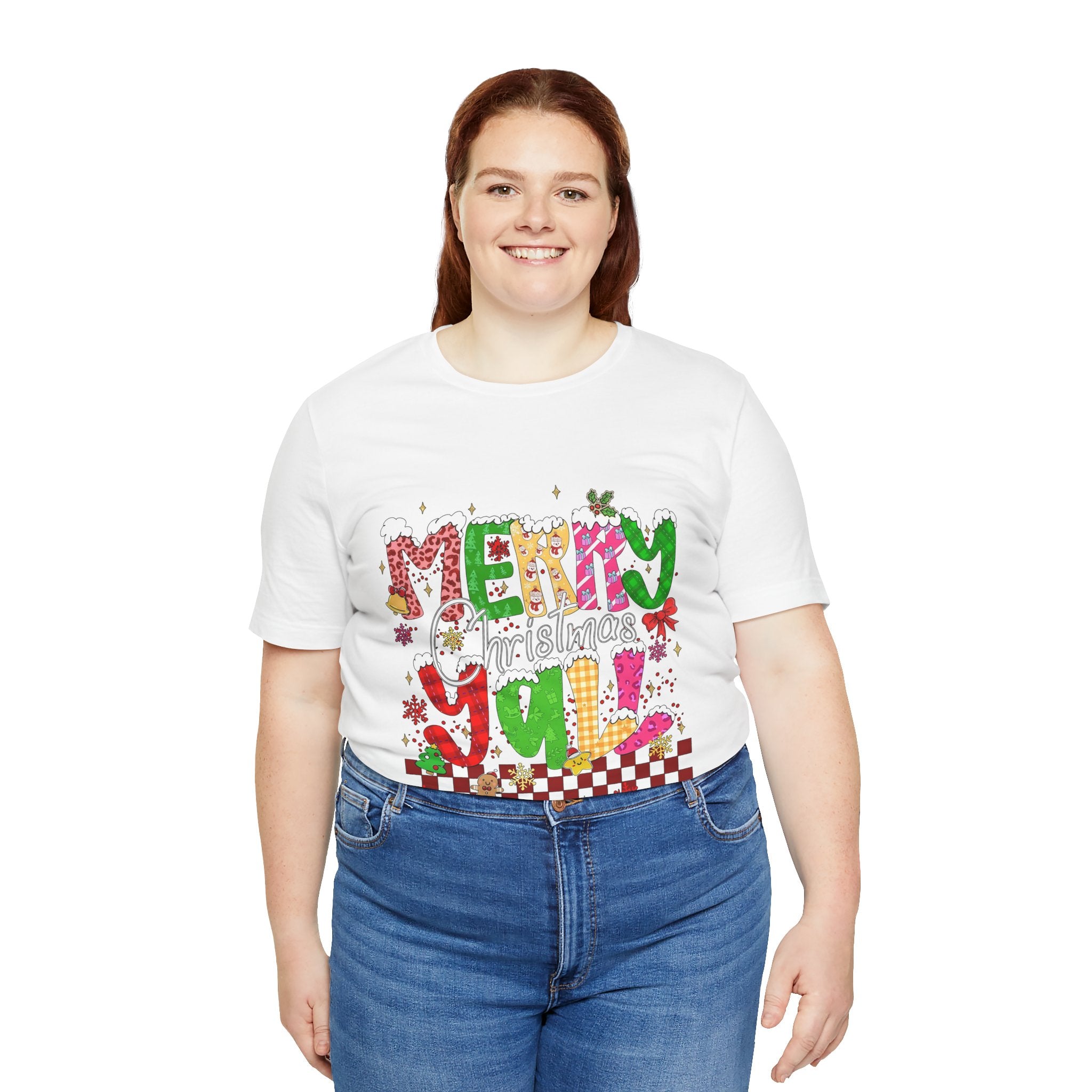 Merry Christmas Y’all Shirt, Colorful Christmas T-Shirt, Retro Holiday Tee, Cute Festive Graphic Tee for Women