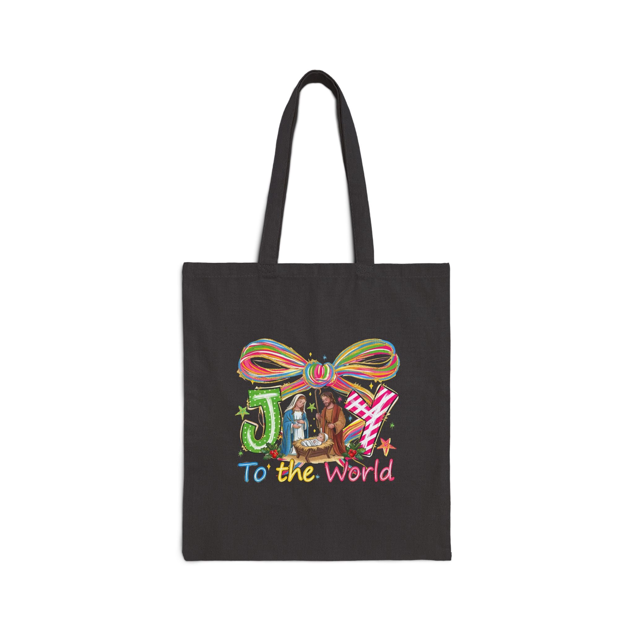 Joy to the World Christmas Tote Bag, Nativity Scene with Mary Joseph and Baby Jesus, Religious Holiday Gift Bag, Christian Tote