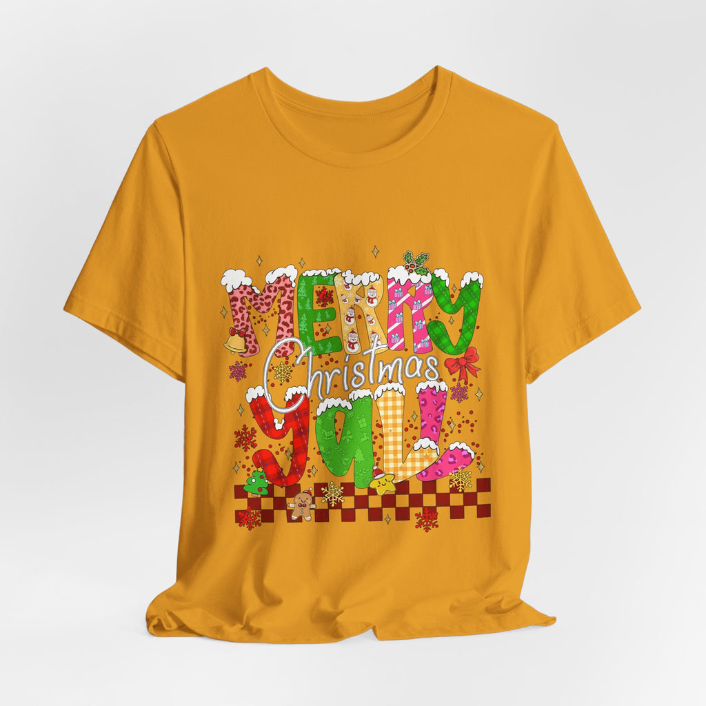 Merry Christmas Y’all Shirt, Colorful Christmas T-Shirt, Retro Holiday Tee, Cute Festive Graphic Tee for Women