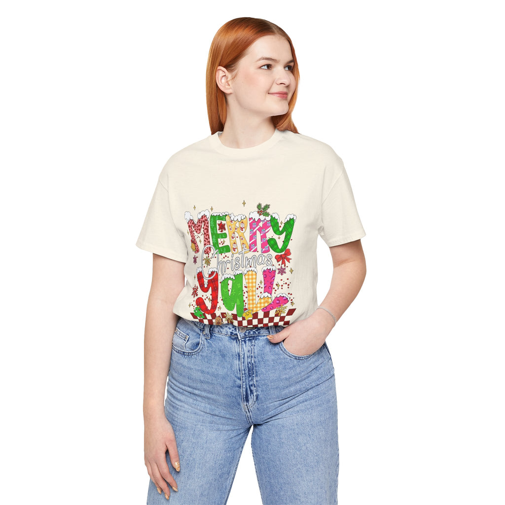 Merry Christmas Y’all Shirt, Colorful Christmas T-Shirt, Retro Holiday Tee, Cute Festive Graphic Tee for Women