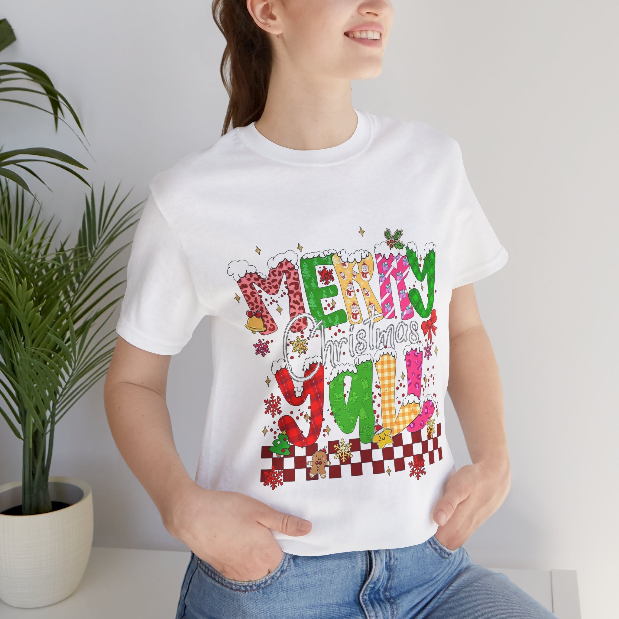 Merry Christmas Y’all Shirt, Colorful Christmas T-Shirt, Retro Holiday Tee, Cute Festive Graphic Tee for Women