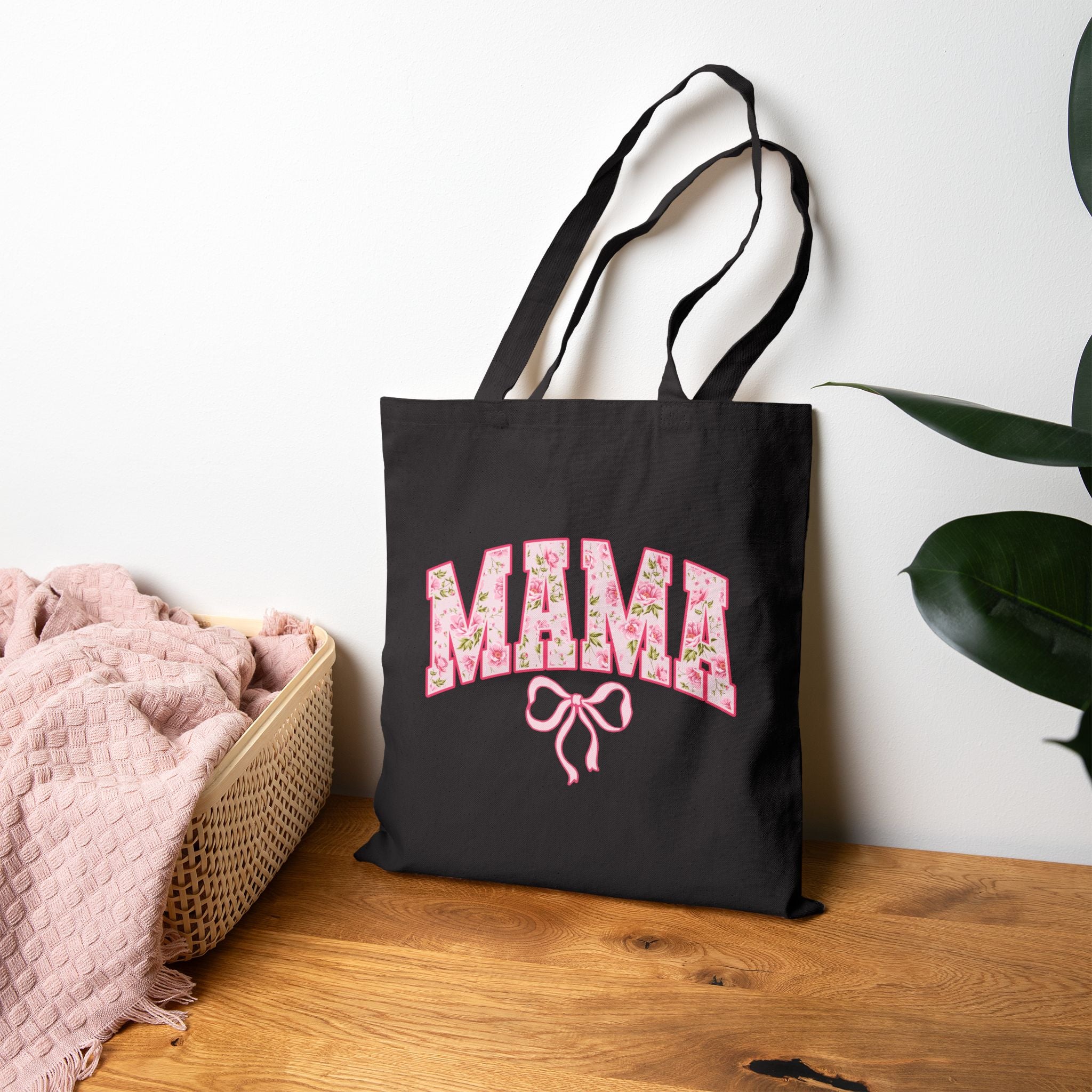 Floral MAMA Tote Bag, Pink Bow and Rose Print Design, Mother’s Day Gift Bag, Vintage Flower Mom Tote, Aesthetic Mama Carryall