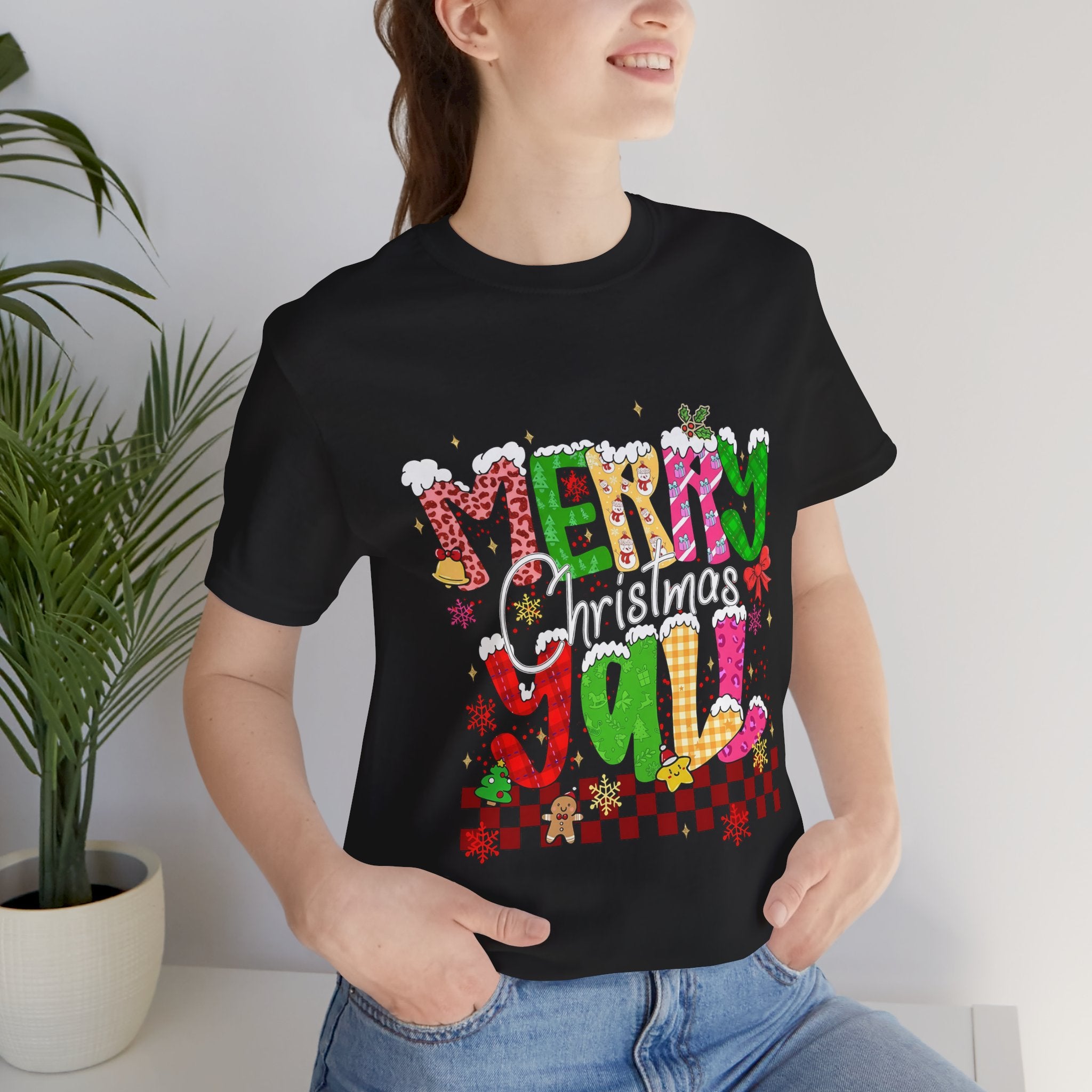 Merry Christmas Y’all Shirt, Colorful Christmas T-Shirt, Retro Holiday Tee, Cute Festive Graphic Tee for Women