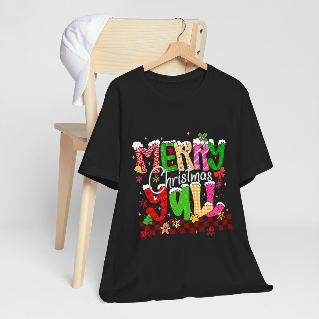 Merry Christmas Y’all Shirt, Colorful Christmas T-Shirt, Retro Holiday Tee, Cute Festive Graphic Tee for Women