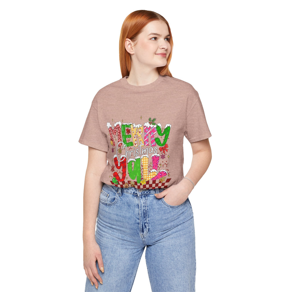 Merry Christmas Y’all Shirt, Colorful Christmas T-Shirt, Retro Holiday Tee, Cute Festive Graphic Tee for Women