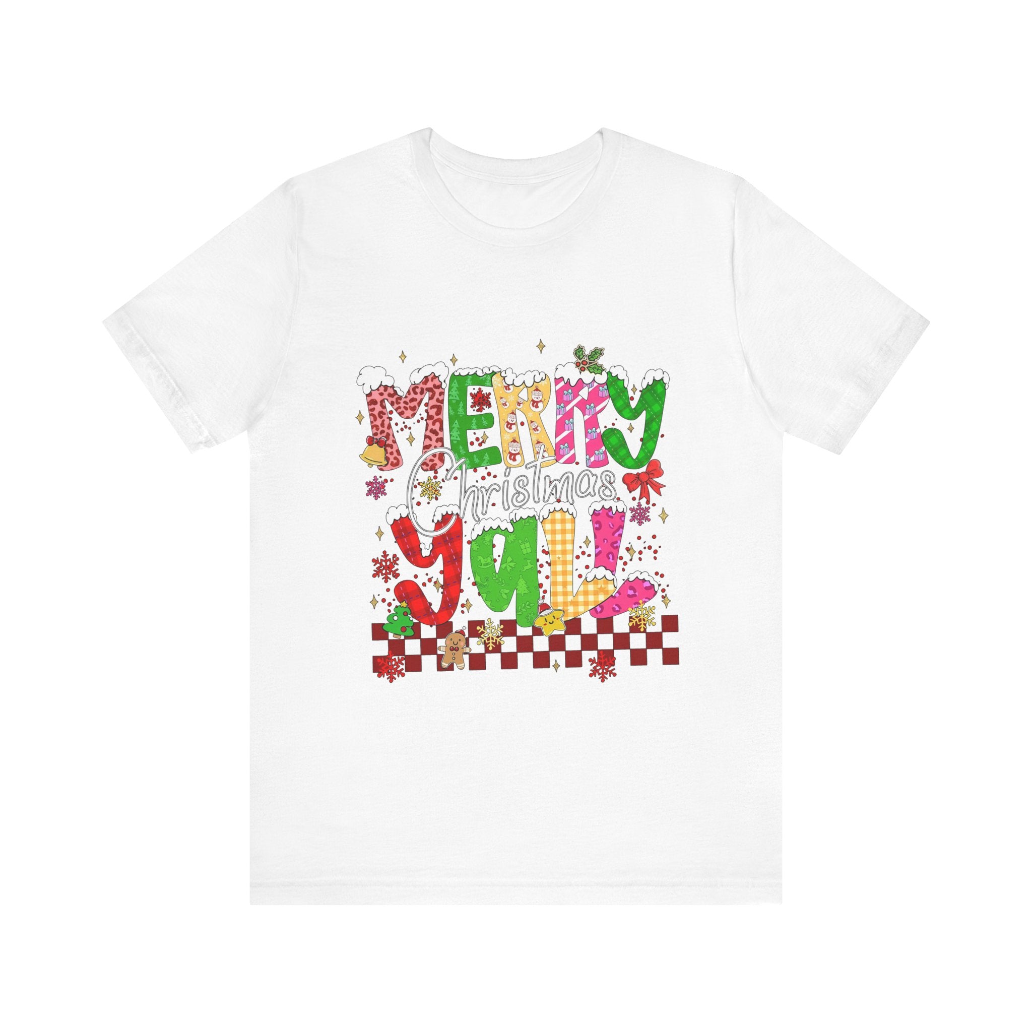 Merry Christmas Y’all Shirt, Colorful Christmas T-Shirt, Retro Holiday Tee, Cute Festive Graphic Tee for Women
