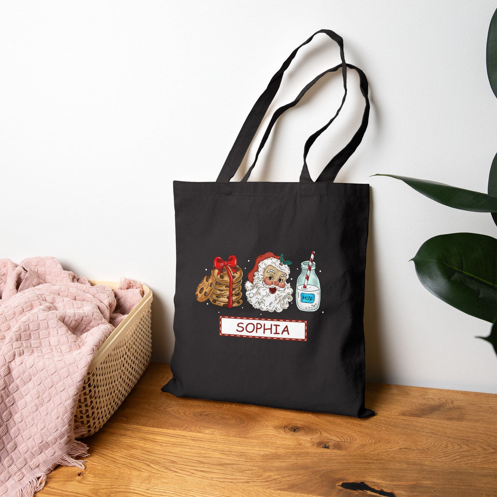 Personalized Santa Cookies and Milk Tote Bag, Custom Name Christmas Tote, Holiday Gift Bag for Kids, Santa Claus Cookie Lover Bag