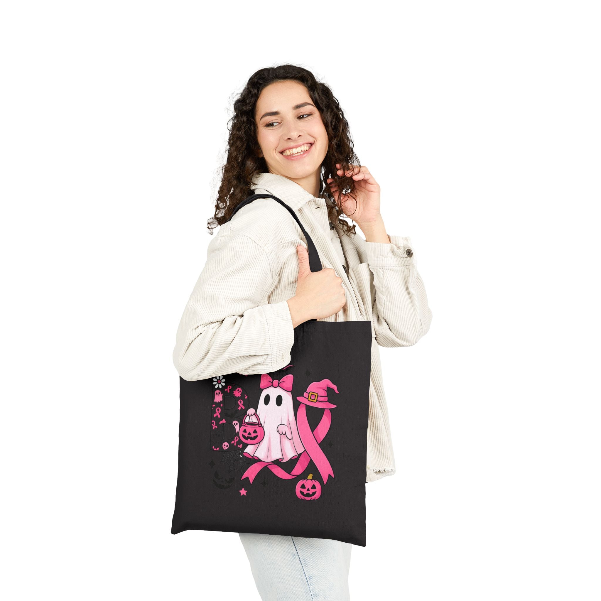 Pink Boo Ghost Tote Bag, Breast Cancer Awareness Halloween Bag, Cute Ghost with Bow and Pumpkin Tote, Spooky Season Gift for Her