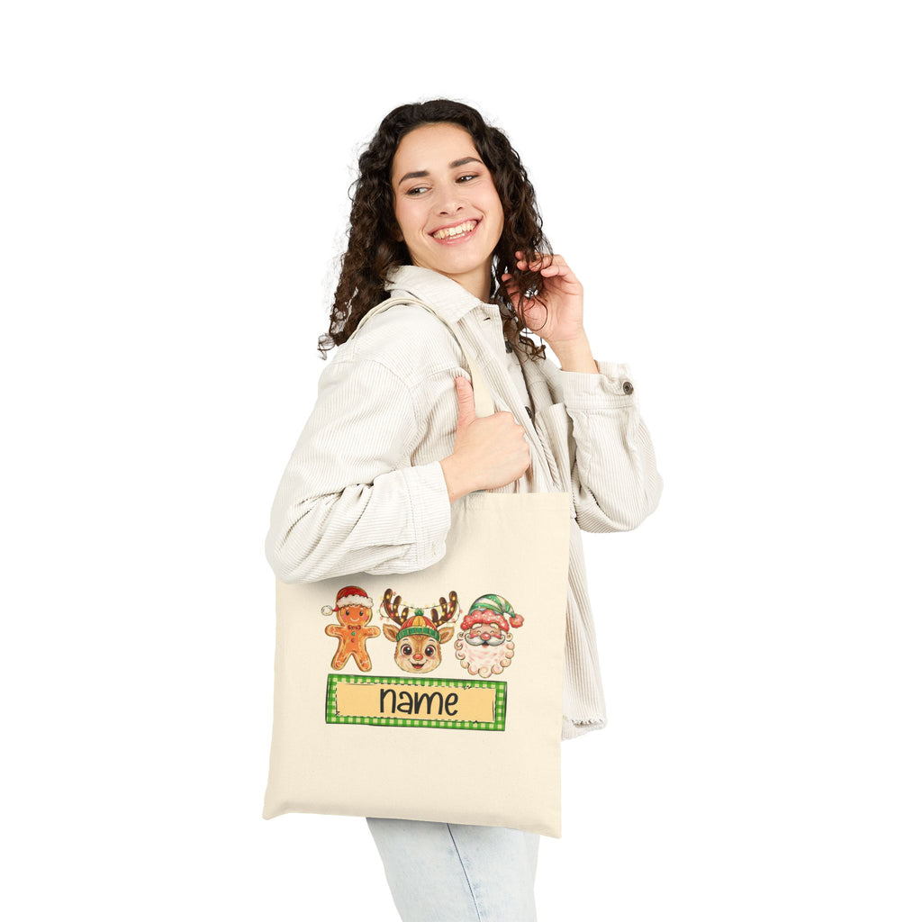 Personalized Christmas Tote Bag, Custom Name Holiday Bag with Santa, Reindeer & Gingerbread Design, Kids Christmas Gift Tote