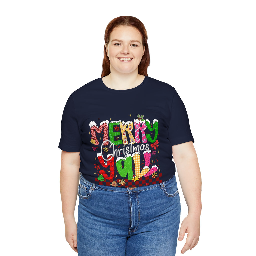 Merry Christmas Y’all Shirt, Colorful Christmas T-Shirt, Retro Holiday Tee, Cute Festive Graphic Tee for Women