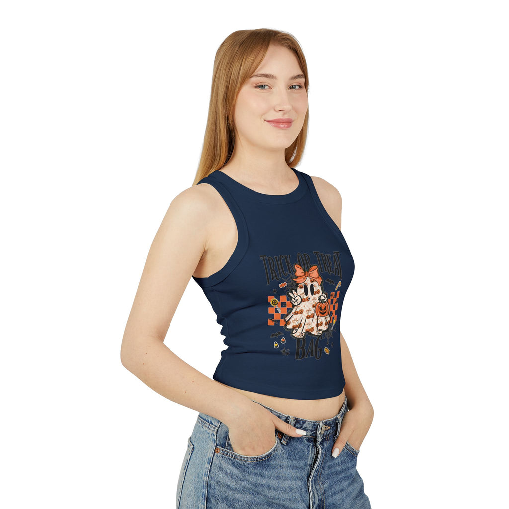 Trick or Treat Ghost Tank Top, Cute Halloween Pumpkin Design, Spooky Season Candy Graphic Top, Fall Aesthetic Halloween Shirt