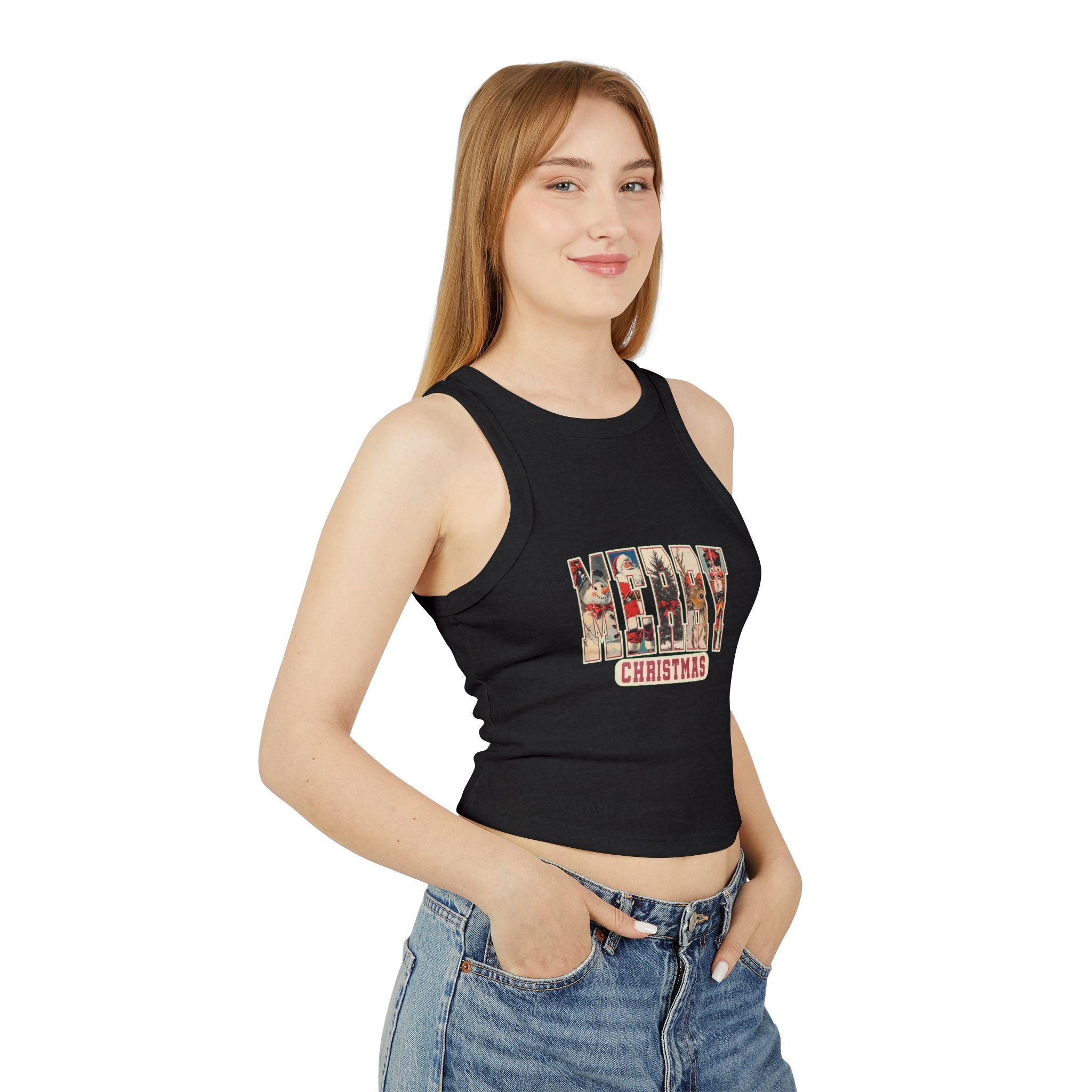 Merry Christmas Tank Top, Vintage Holiday Letter Design, Retro Santa Reindeer and Snowman Graphic Tee, Festive Christmas Gift Shirt