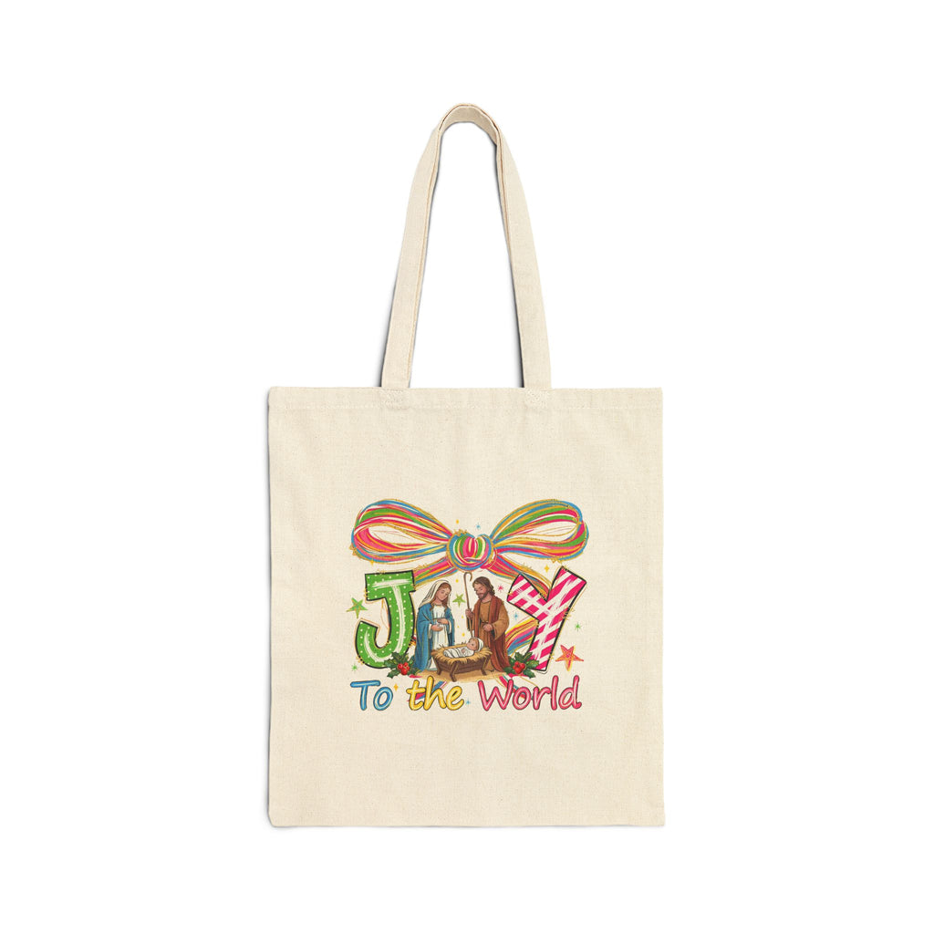 Joy to the World Christmas Tote Bag, Nativity Scene with Mary Joseph and Baby Jesus, Religious Holiday Gift Bag, Christian Tote